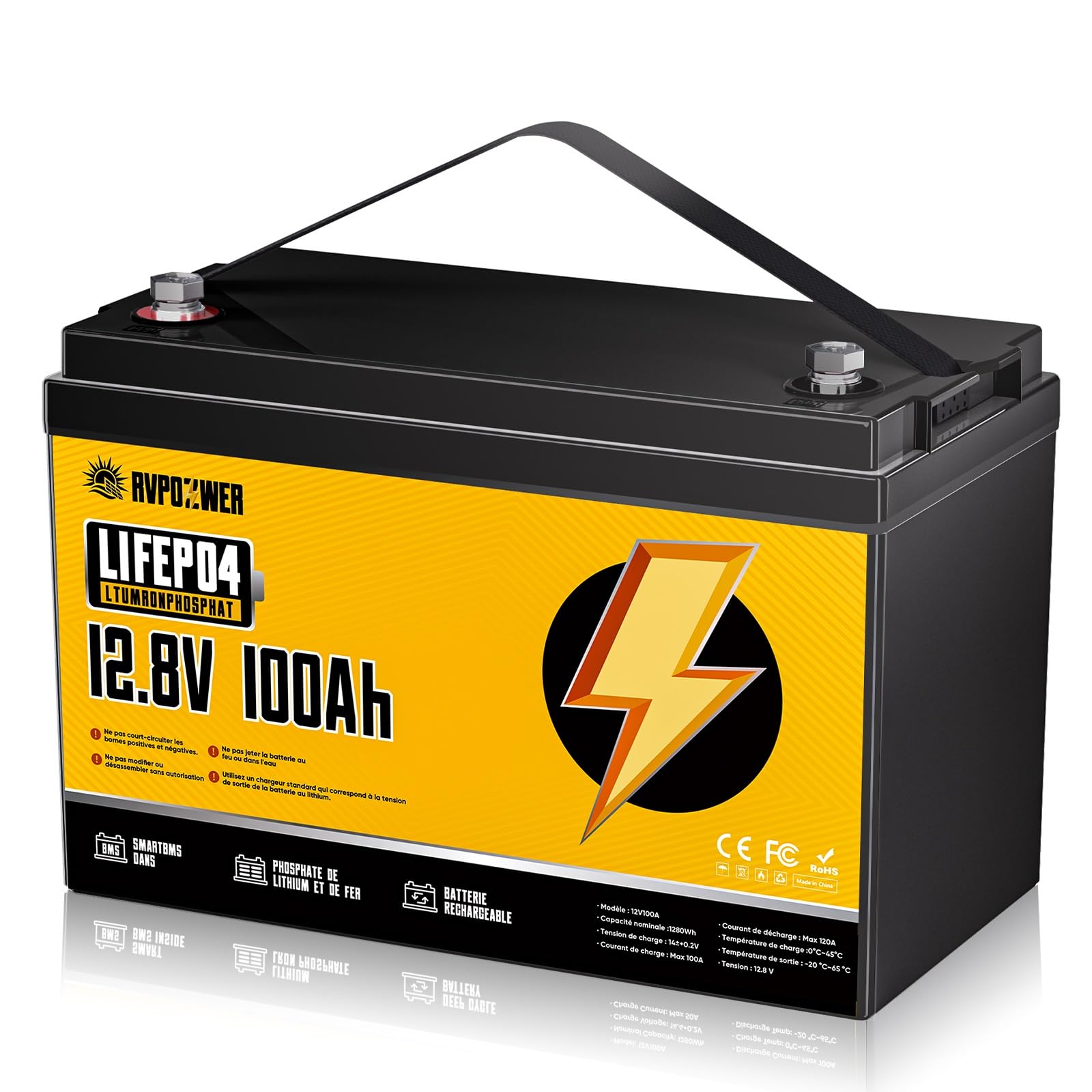 12V 100ah Batterie Lifepo4, BMS 100A Intégré, Batterie Lithium 1280Wh, 18 000 Cycles Profonds, Protection Contre les Basses Températures, Pour éNergie Domestique, Camping-Car, Hors RéSeau