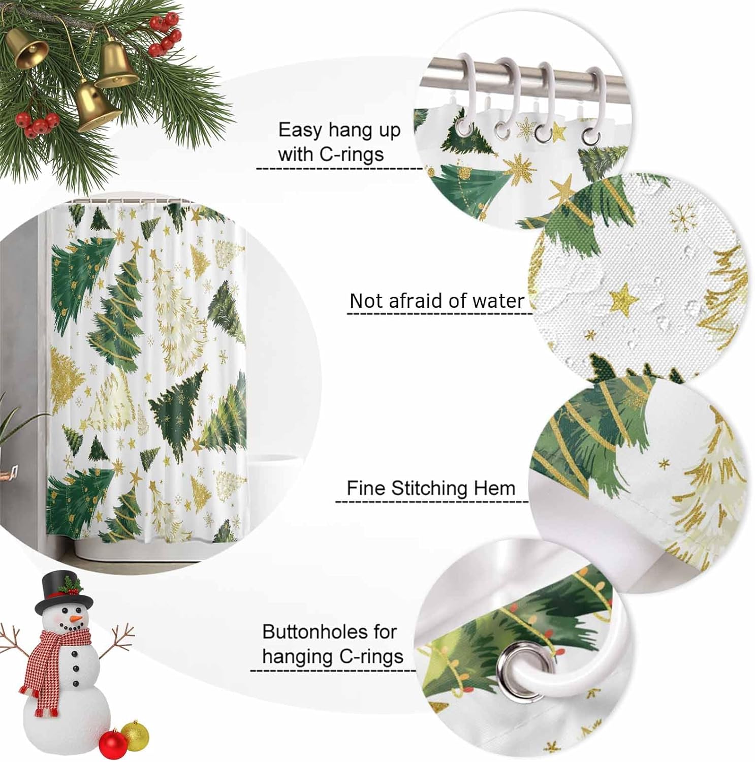 Christmas Tree Shower Curtain Set - Long 72" x 84" Green Golden Xmas Tree Washable Bathtub Curtain with 12 Hooks, Snowflake Waterproof Fabric Stall Shower Curtains for Bathroom Décor