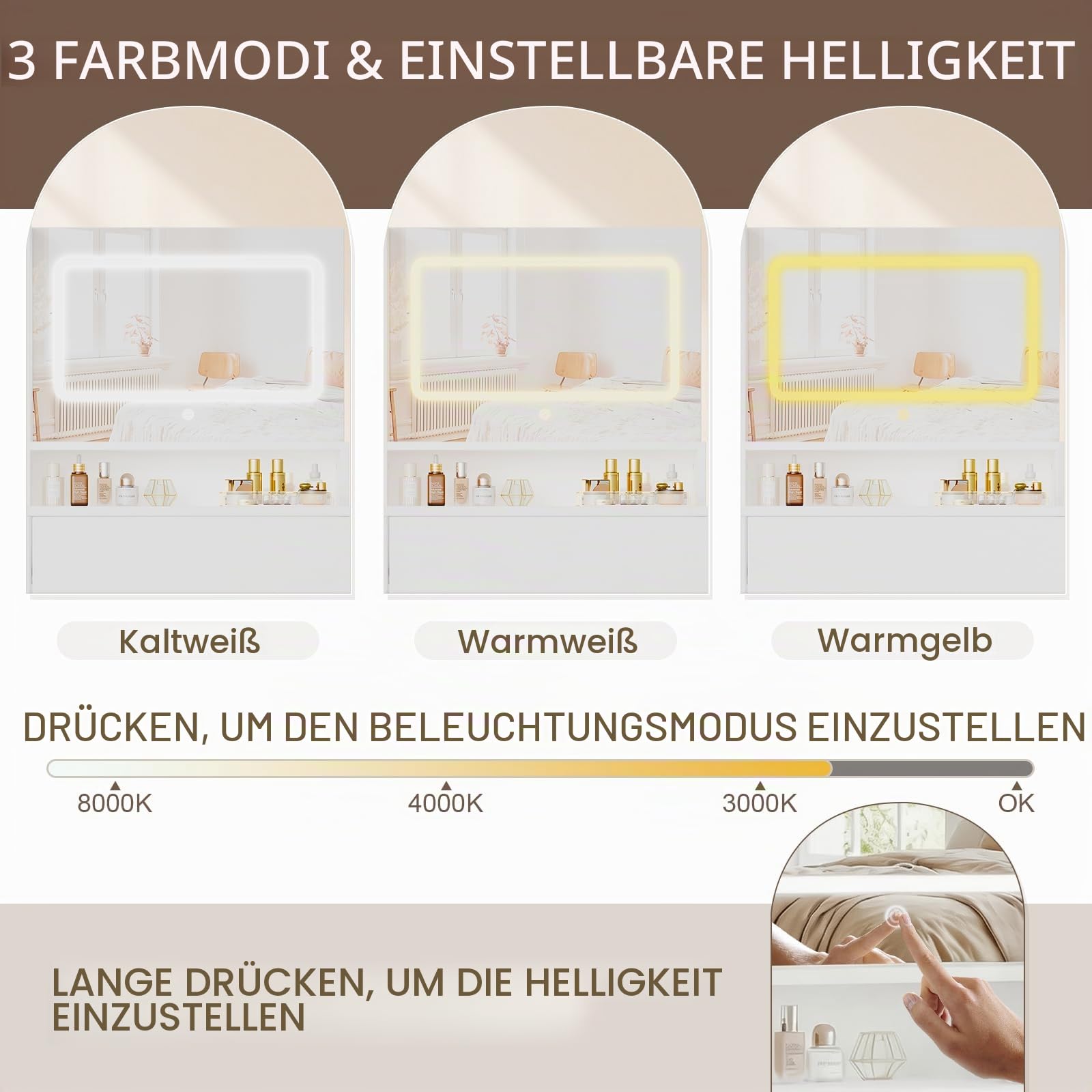 JUMMICO Schminktisch mit Beleuchtung und Spiegel, Weißer Kleiner Schminktisch mit Schubladen & LED-Spiegel, Moderner Frisiertisch mit Stauraum für Make-up, 90 x 58 cm