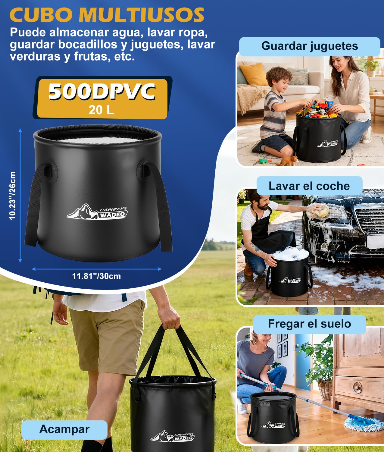 WADEO Ducha portátil para Camping 6000 mAh con Cubo Plegable de 20 l, Agua Caliente, Bomba Recargable de 5 velocidades con Pantalla LED, 4 Modos de Chorro para Caravana, Viaje, Coche, Mascotas