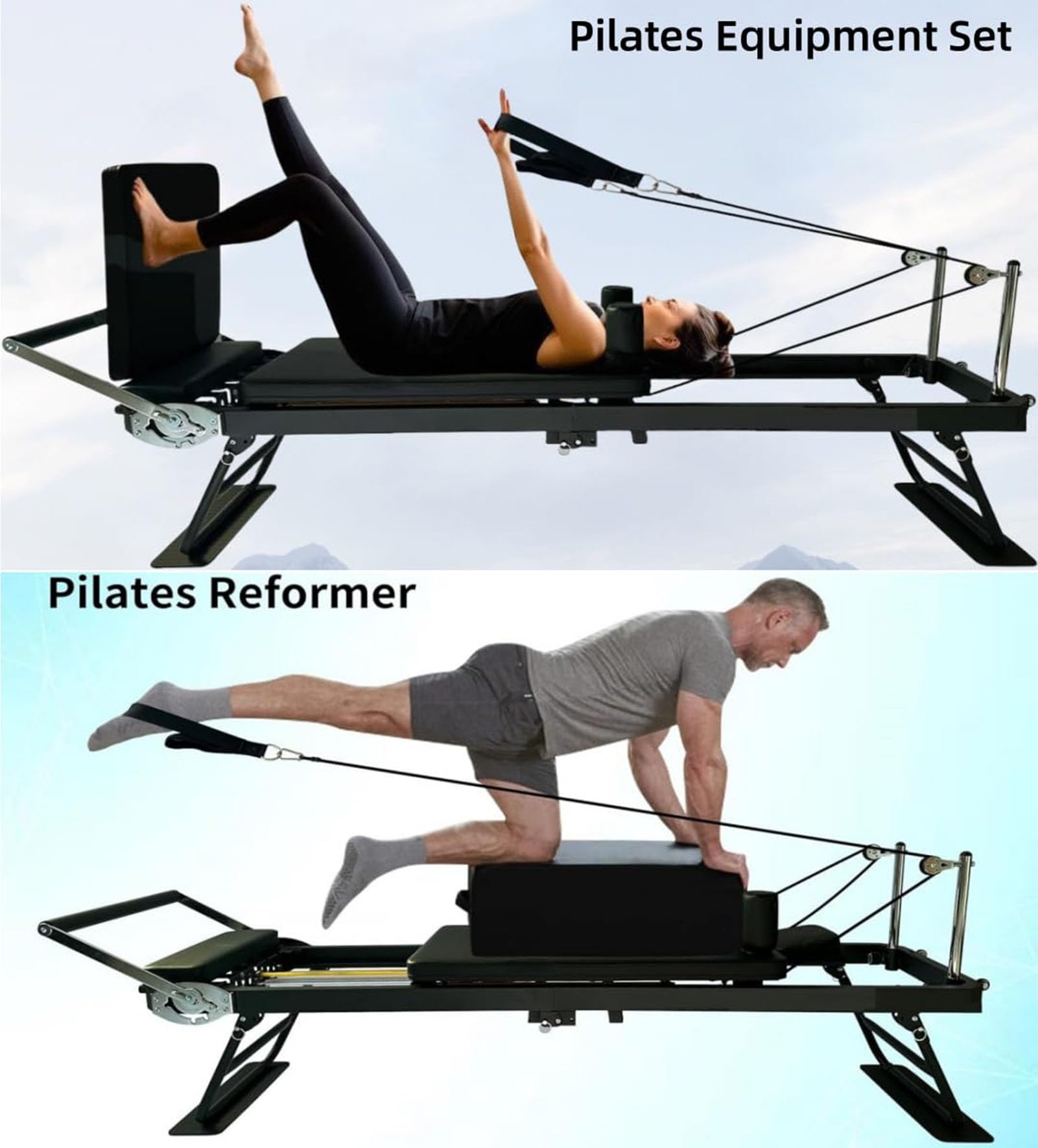 Pilates Reformer Maschine für Heim-Fitnessstudio, faltbare Core Workout Ausrüstung mit Dual Resistance Federn und Schnüre