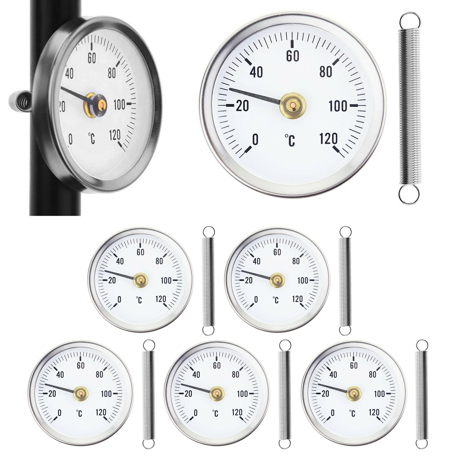 6 Stück Anlegethermometer Heizungsrohr,Temperaturanzeige Mit Clip-On Feder 0-120℃,Rohrthermometer 63 mm Rohr Thermometer,Heißes Wasser Rohr Thermometer,Zeigerthermometer für Rohre Kessel