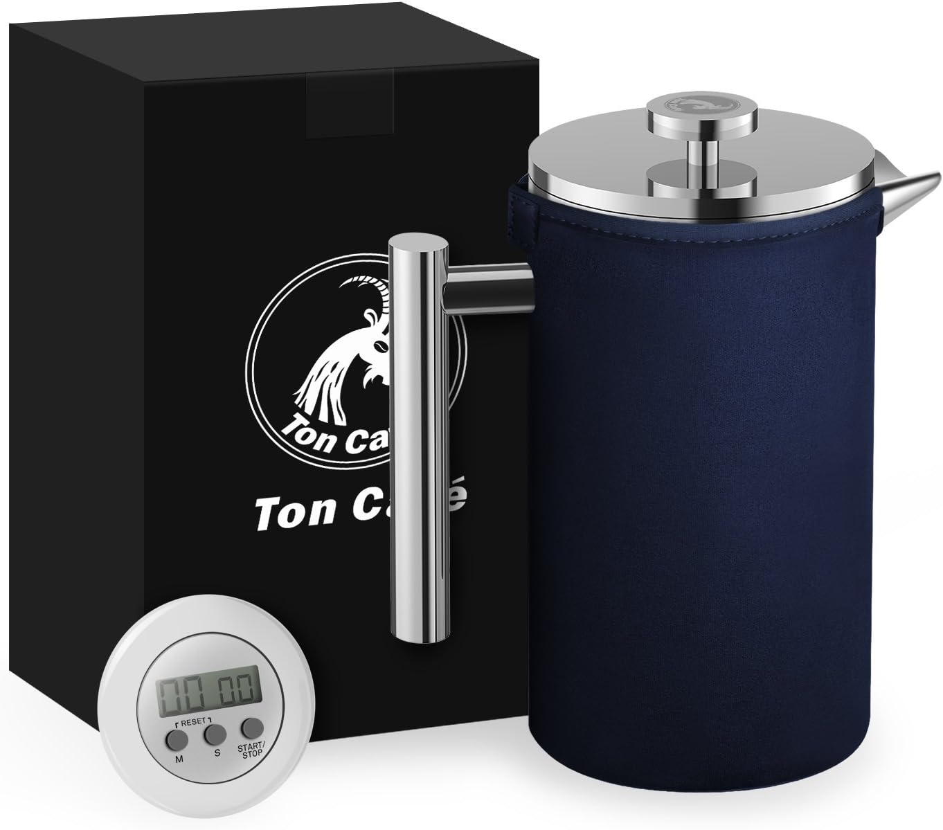 French Press Coffee Maker (1 Liter, 34Oz) with Coffee Cozy and Timer, Double Wall Vacuum Insulated Stainless Steel Press Pot for Coffee and Tea, Blue Cosy