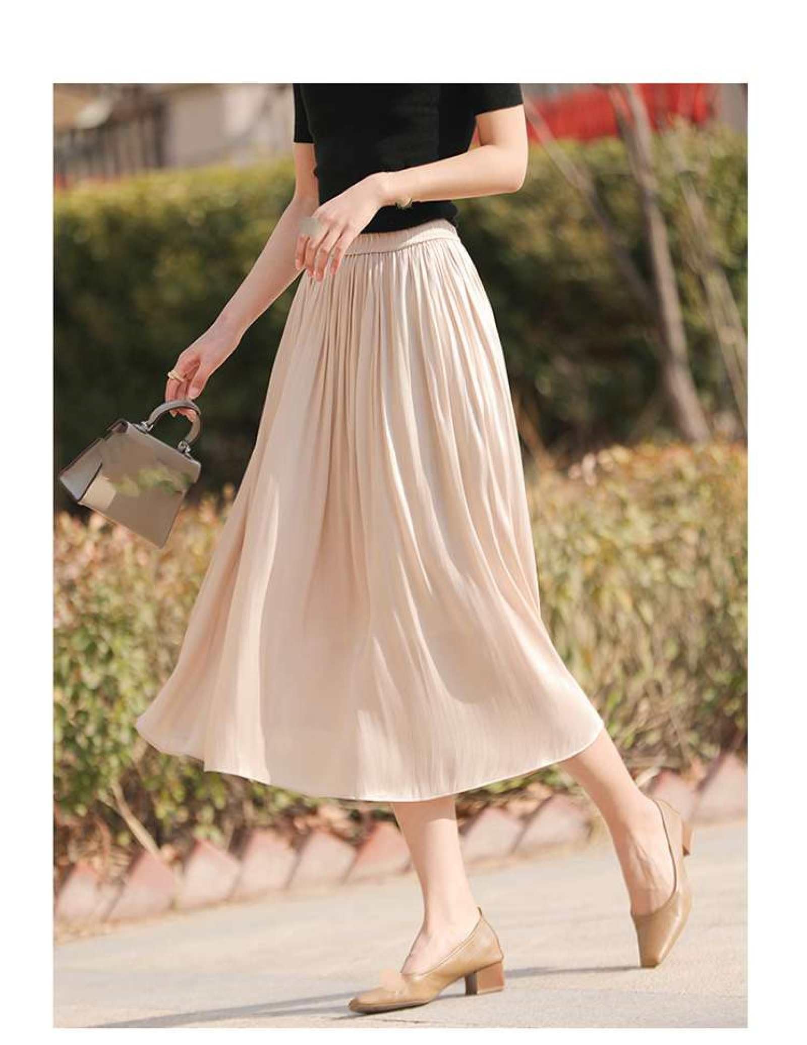 Jupe Taille Haute en Satin De Soie pour Femme - Jupe Trapèze D'Été De Couleur Unie Jupe Trapèze en Maille Jupe Mi-Longue Polyvalente Jupe Parapluie Élancée, Jupe Drapée Douce Et Soyeu
