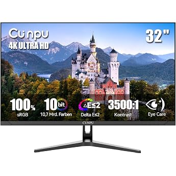 CUNPU 4K Monitor 32 Inches, 1.07 Billion Colours, 100% sRGB, 95% DCI-P3 &amp; AdobeRGB, VA, Eye-friendly, VESA (75 x 75 mm), HDR,
