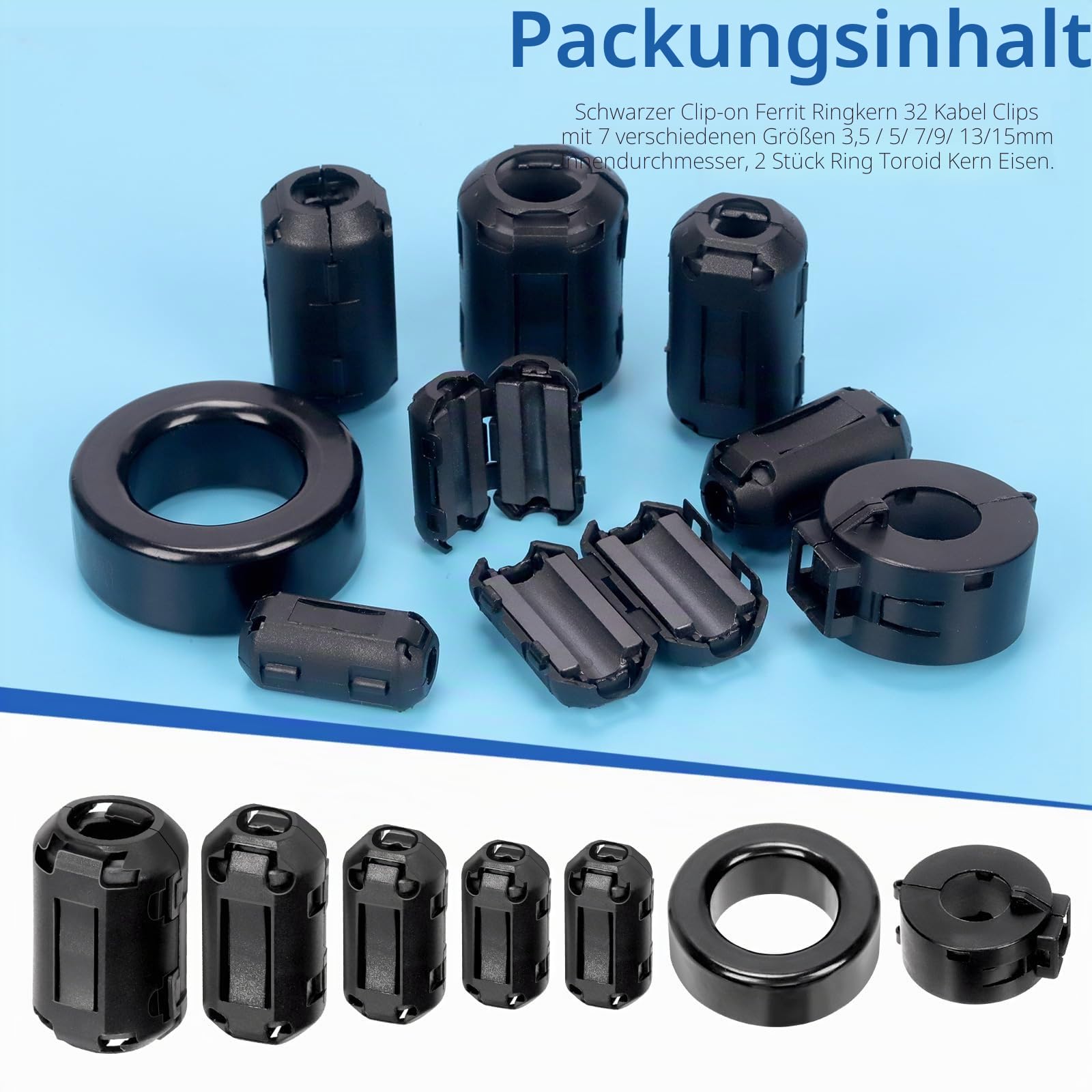 Glarks 32pcs Black Clip-on Ferrit Ring Core Set beinhaltet 3.5/5/7/9/13MM Innendurchmesser Kabelclips RFI EMI Geräuschunterdrücker Kabelclips 42 x 24 x 16MM Toroidkerne 15MM Ferrit Kerne