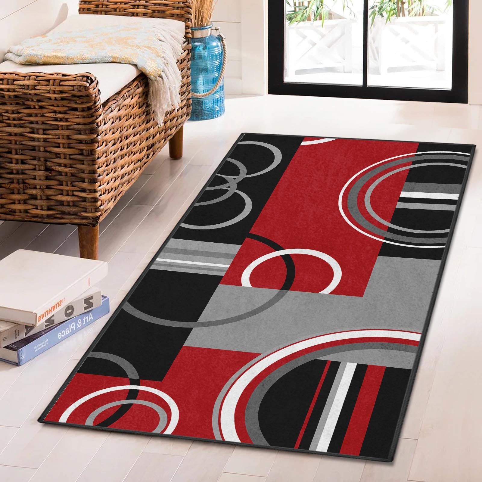 Bribay Area Rug, Washable and Non-Slip 2'x4' Geometric Red Black Abstract Circle Small Indoor Entryway Door Mat, Floor Mat Carpet for Bedroom, Kitchen, Bathroom, Laundry, Living Room