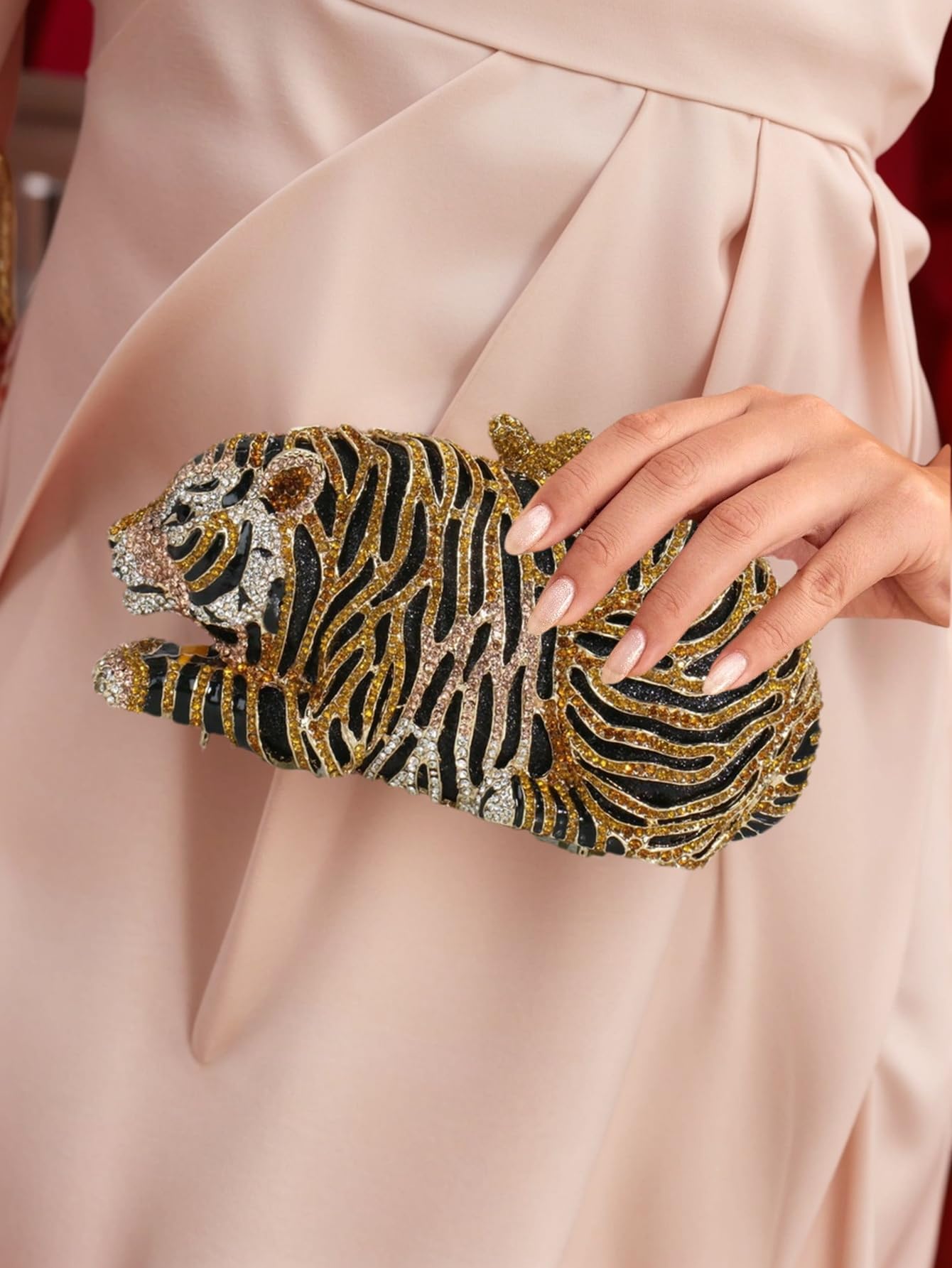 Bolso de mano con forma de tigre para mujer, con diamantes de imitación, para fiesta de graduación, Oro