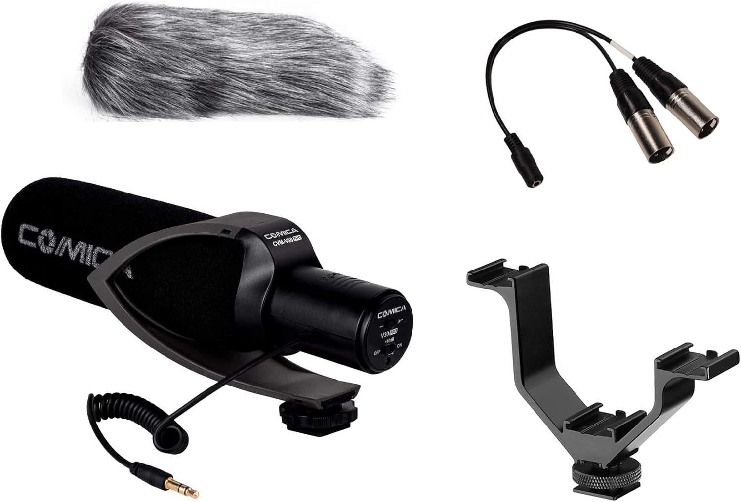 CVM-V30 PRO BLACK Super-Cardioid Directional Electric Condenser Shotgun Camera & Video Microphone for Canon Nikon Sony Panasonic Fujifilm Olympus DSLR Camera for Both 3.5mm & XLR + Dual Bracket