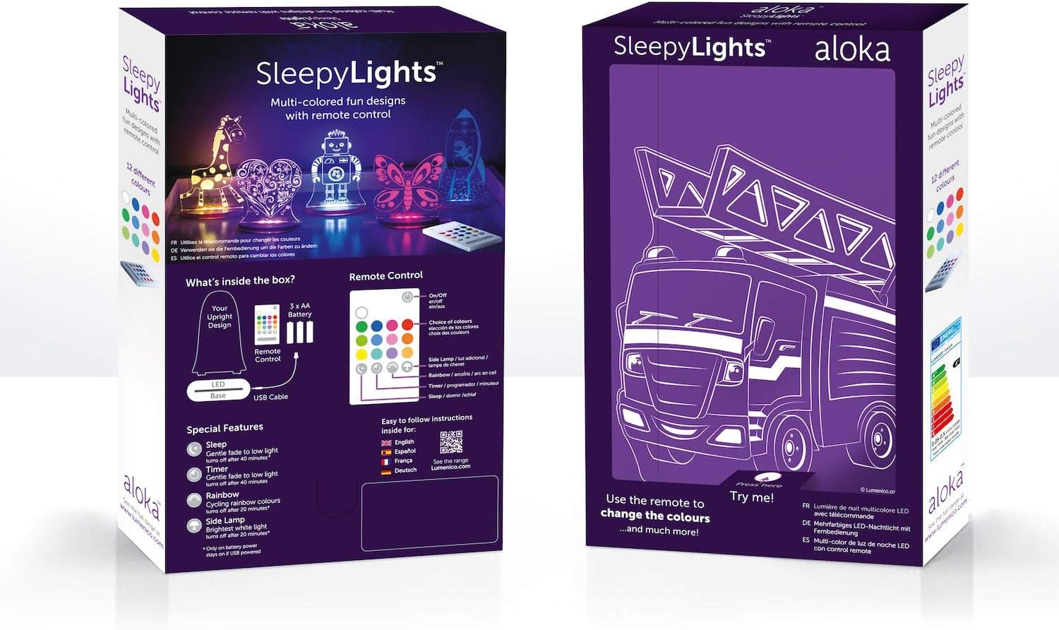Aloka SleepyLight, Fire Engine Children's Multi Coloured LED Night Light with Remote Control. Choose Colours, dimmer, Set Timer, auto Colour and More! **UK or EU Plugs Now Available!**