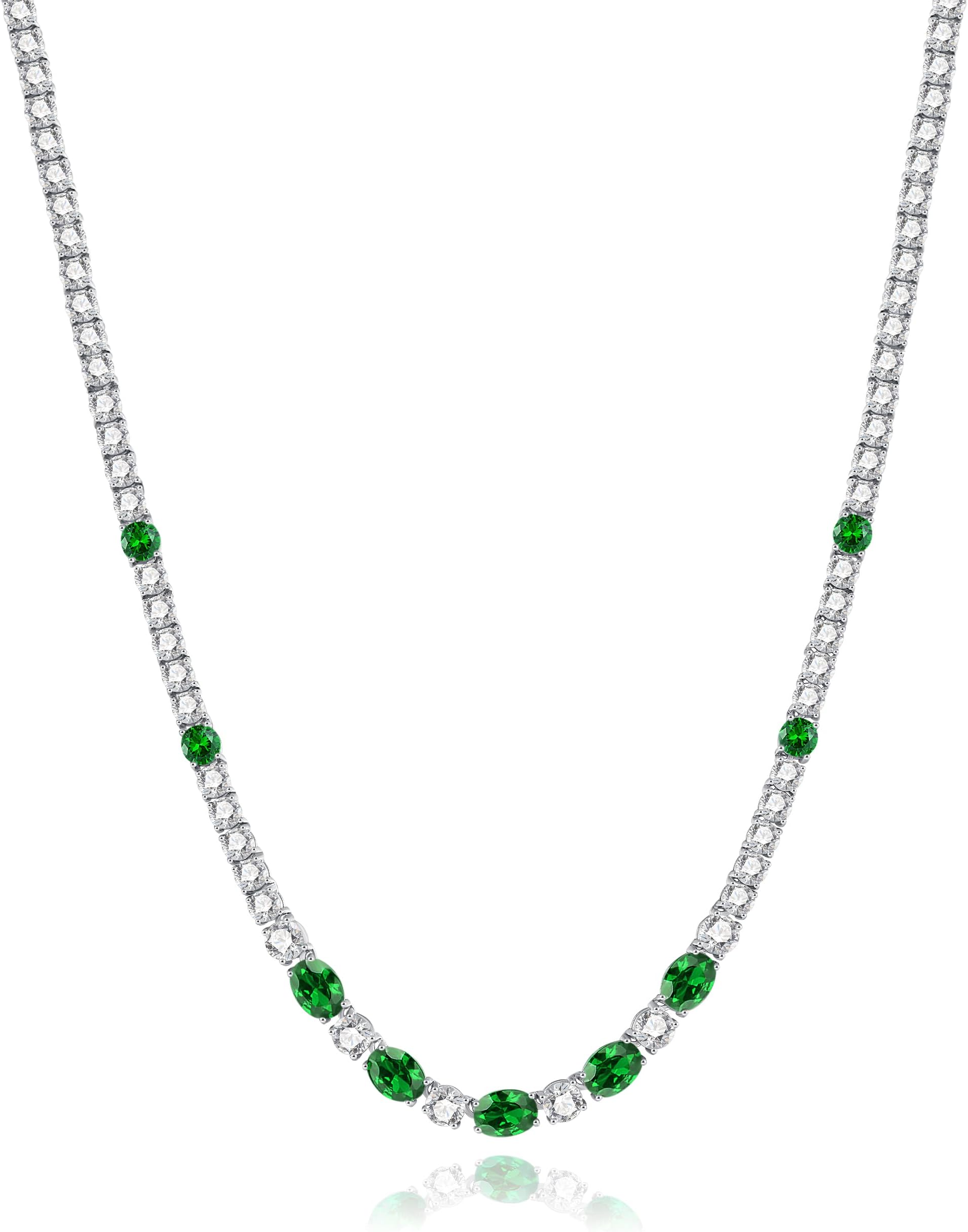 Sterling Silver Tennis Necklace 4mm 18 inch Birthstone Necklace with 6 * 8mm Oval Gemstone Luxury Fine Birthday Jewelry Gifts for Women