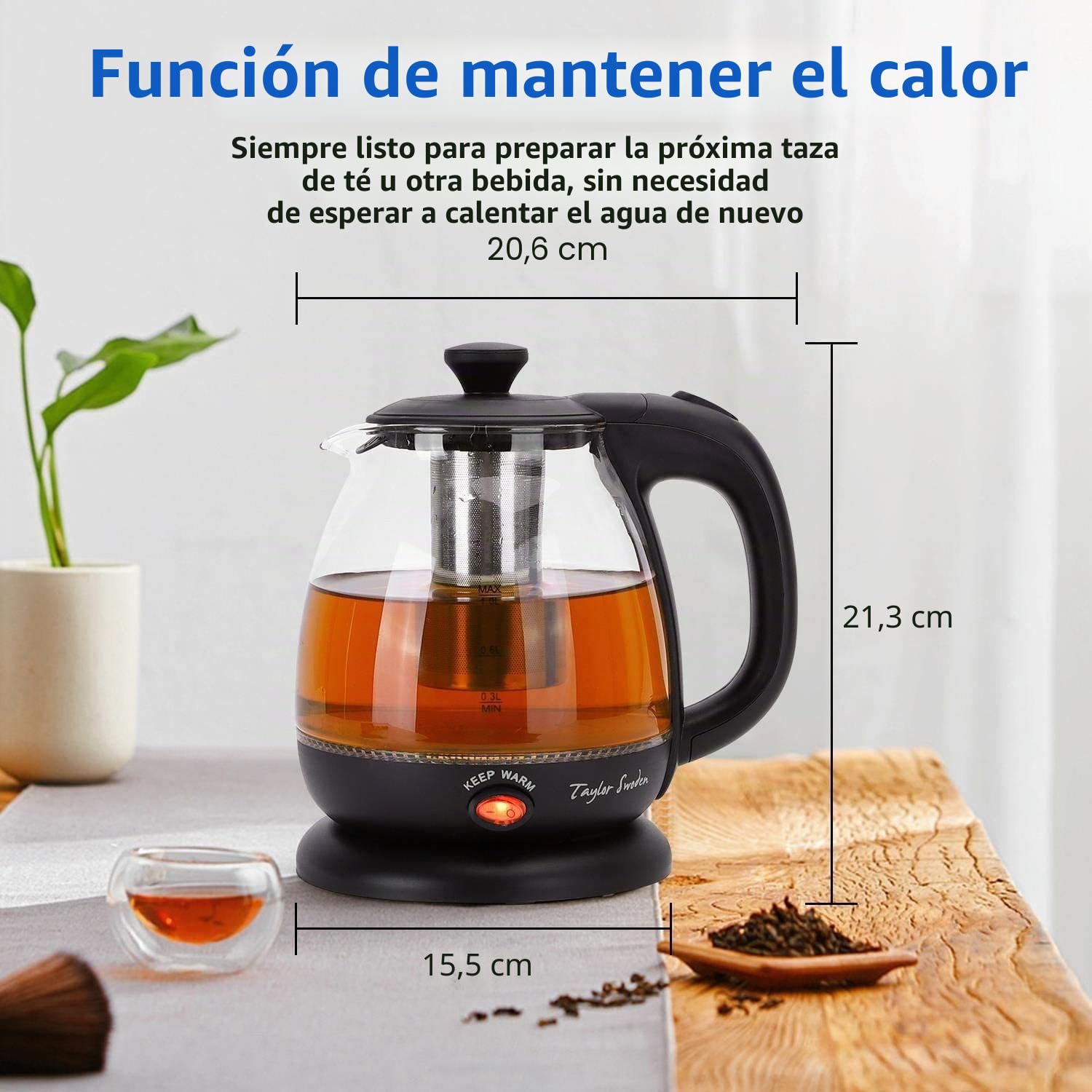 Taylor Swoden Abel - Hervidor de cristal de 1 litro, 2200W, Hervidor de agua eléctrico con iluminación LED libre de BPA, función mantener caliente, con infusor y filtro extraíble, 2 piezas