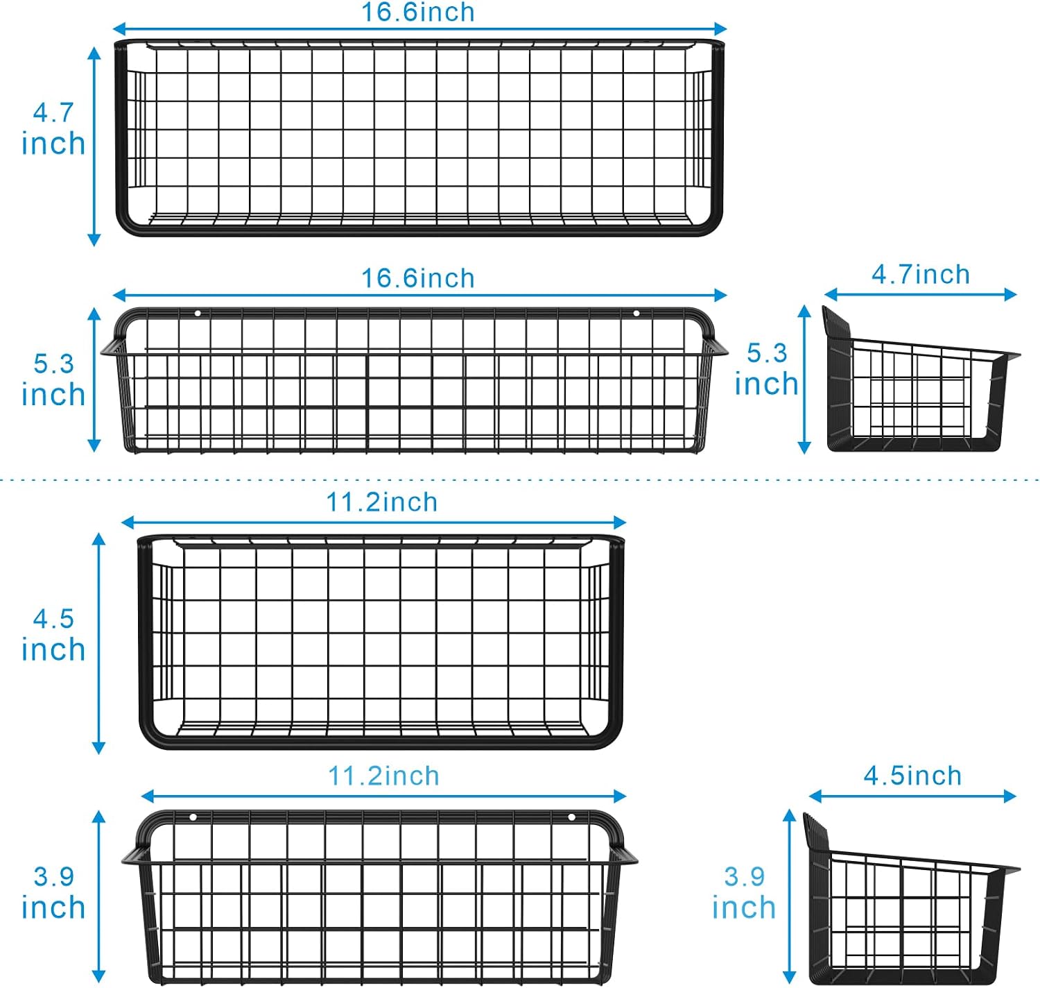 PACKISM Wall Baskets, 4 Pack Cabinet & Wall Mounted Wire Baskets, Multifunctional Hanging Wire Basket for Kitchen, Home, Office, Bathroom, Garage Storage, Wire Storage Baskets with Mount Hooks, Black