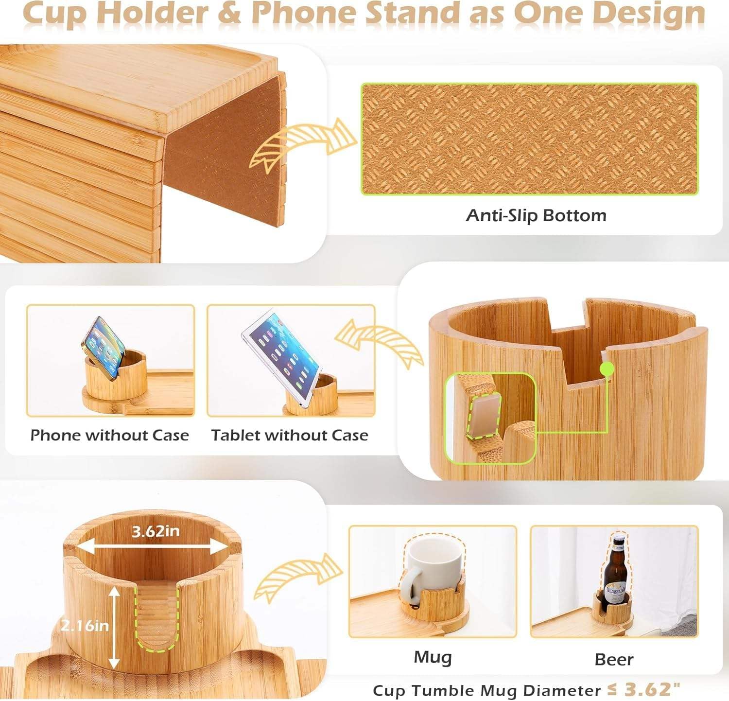OMEO Couch Cup Holder Tray, 3 in 1 Couch Arm Trays – Large Bamboo Chair Arm Rest Tray with 360° Cup Holder | Removable Anti-Slip Organizer for Snack Eating