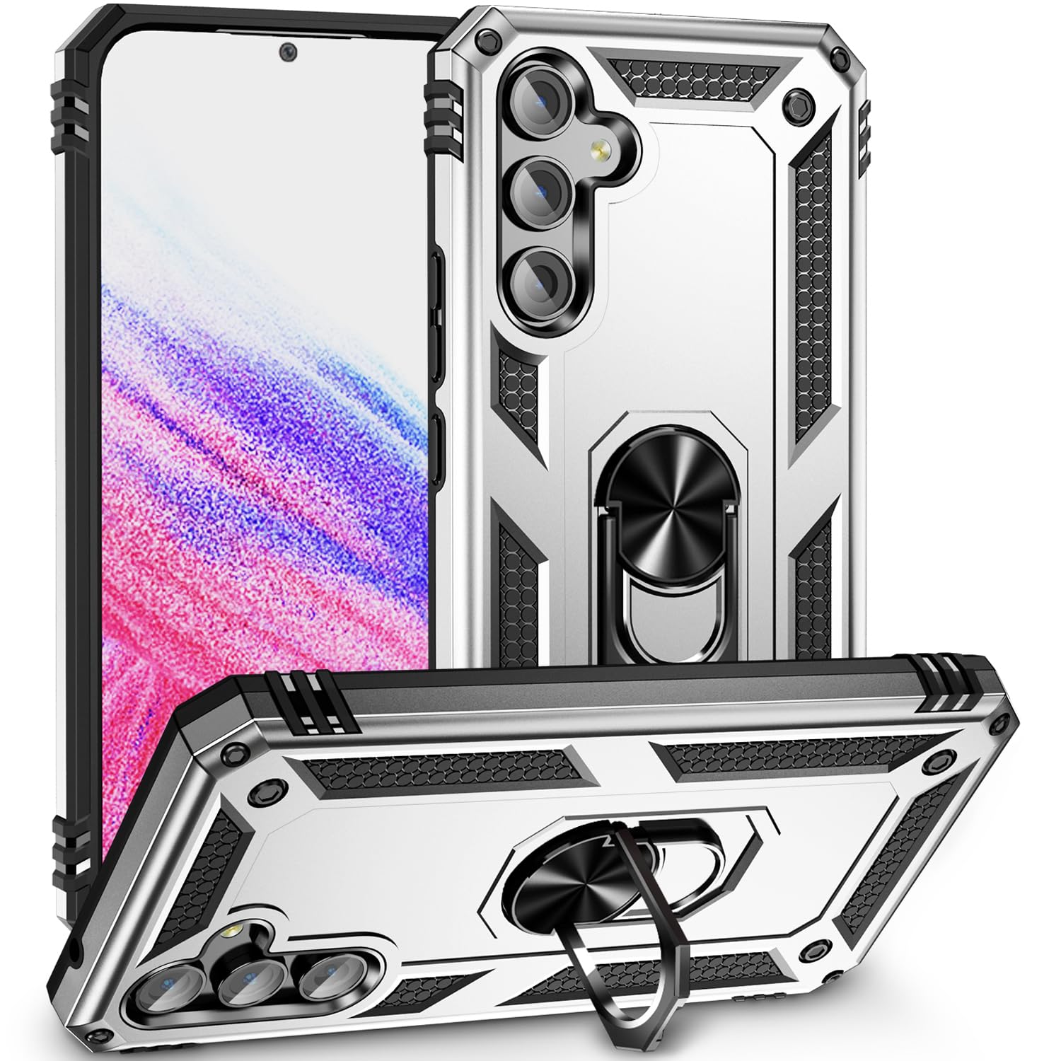 Dionsibei Military Grade Drop Impact for Samsung Galaxy A54 5G Case 360 Metal Rotating Ring Kickstand Holder Armor Heavy Duty Shockproof Case for