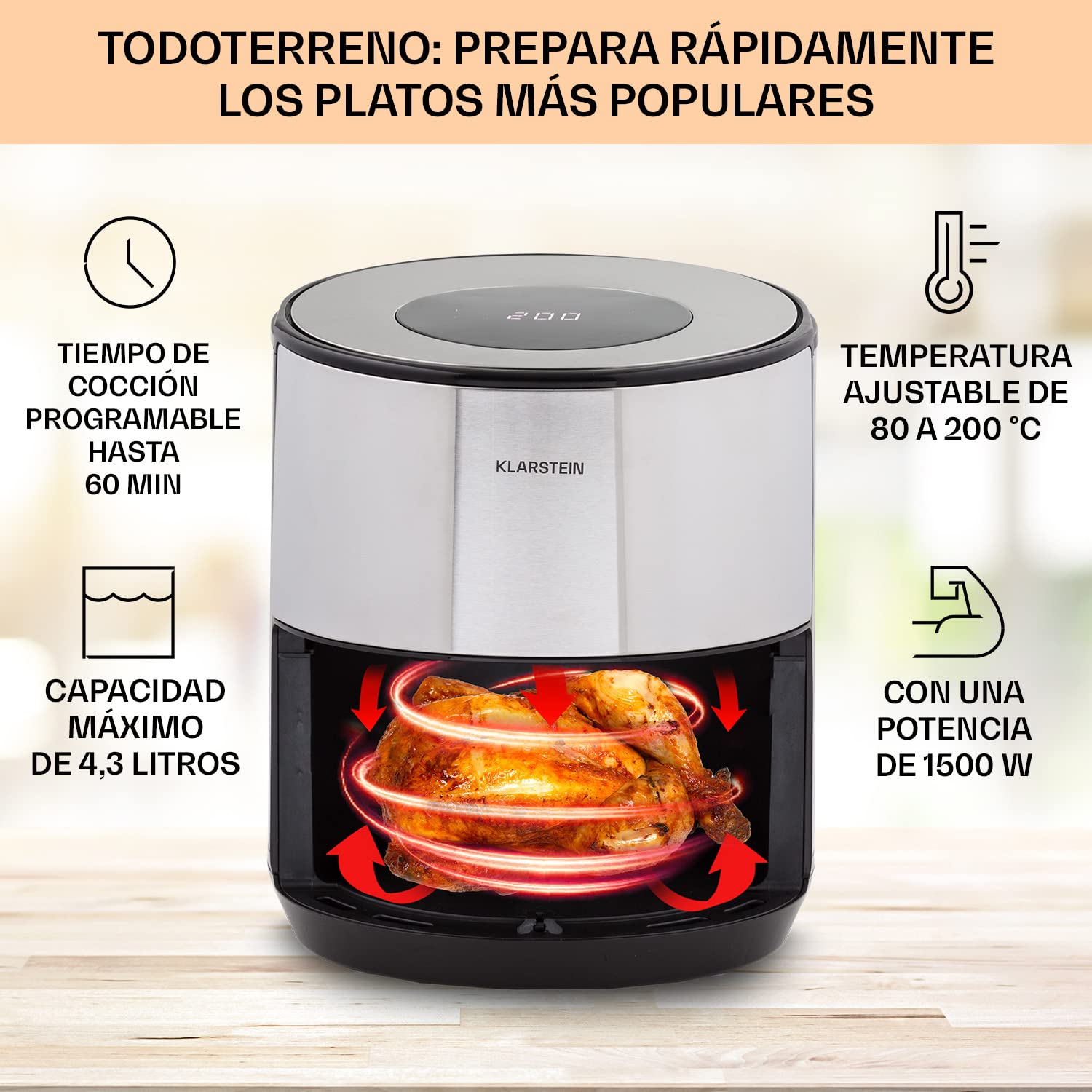 Klarstein Freidora de Aire Caliente, de 1500W de Calentamiento Rápido para Cocinas, Freidora Sin Aceite Digital de 4.3L, Pantalla Táctil, Temporizador, Temperatura Ajustable, Air Fryer 8 Programas