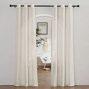 NICETOWN Flax Linen Semi Sheer Curtains for Windows 84 inch Length, Grommet Vertical Drapes Privacy with Light Filtering Window Treatments for Farmhouse, Natural, W42 x L84, 2 Panels