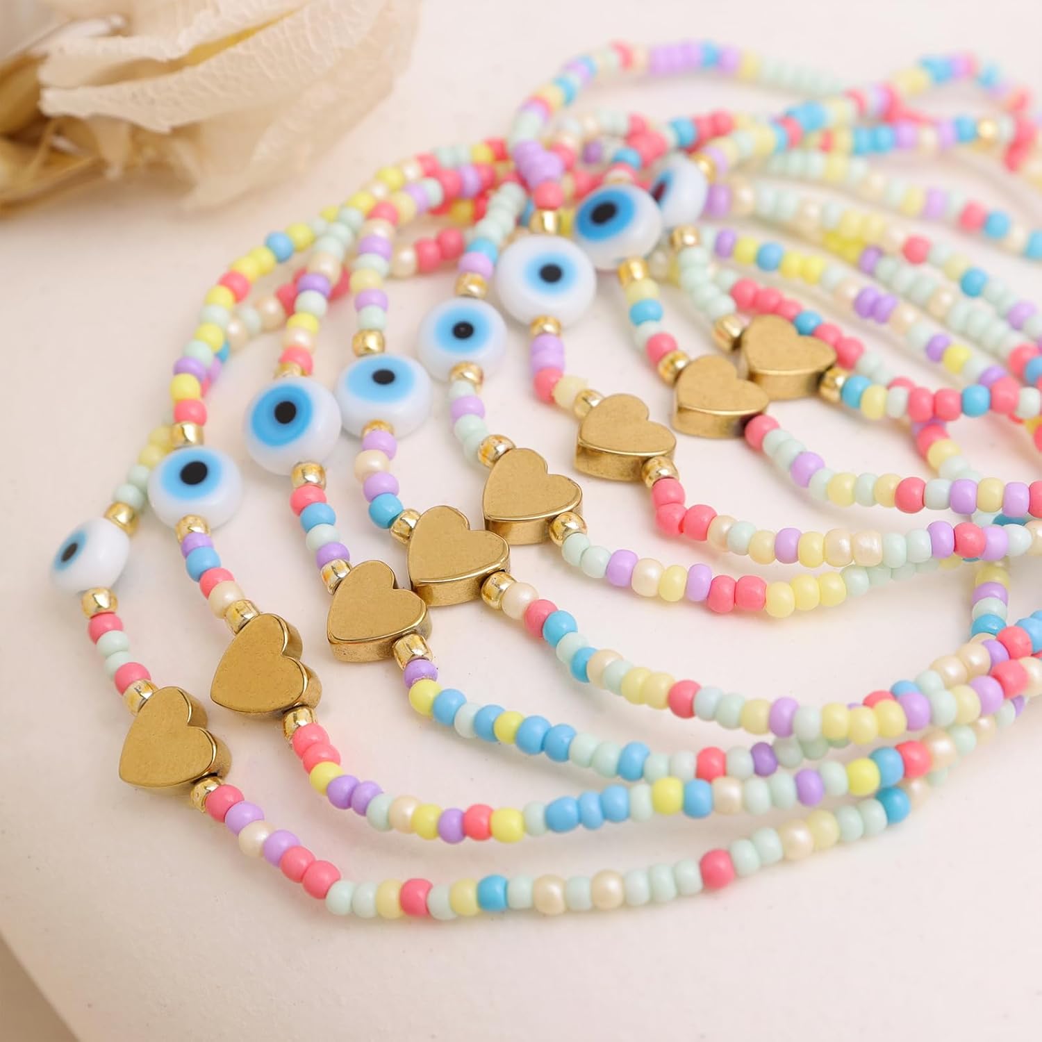 Heart Evil Eye Stack Bracelets Set for Women, 8Pcs Boho Handmade Stackable Colorful Small Beaded Stretch Bracelets Party Jewelry Gift - Image 5