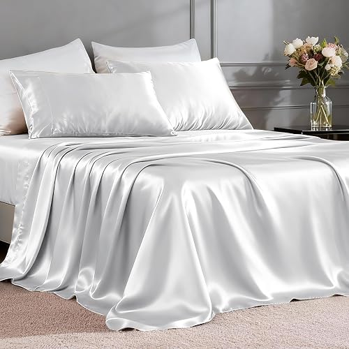 FreshCulture Satin Sheets Queen Size Bed Set- 4 Piece Luxury Soft Silky Queen Sheet Set, Similar to Silk Bed Sheets with 1 Deep Pocket Fitted Sheet, 1 Flat Sheet & 2 Pillowcases (Silver Grey)
