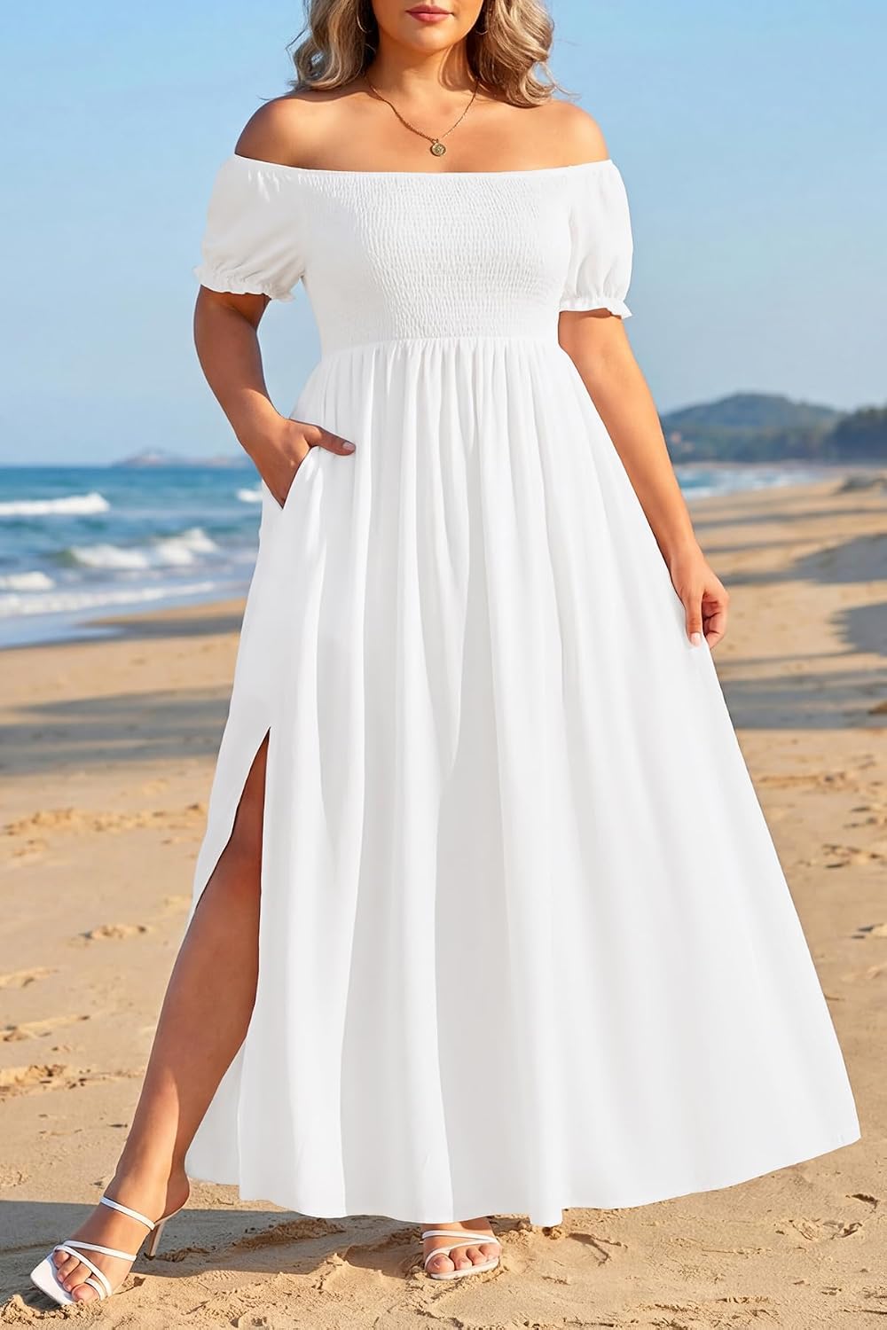 Plus Size Summer Dresses - Boho Casual Off Shoulder Floral Long Maxi Dress with Pockets