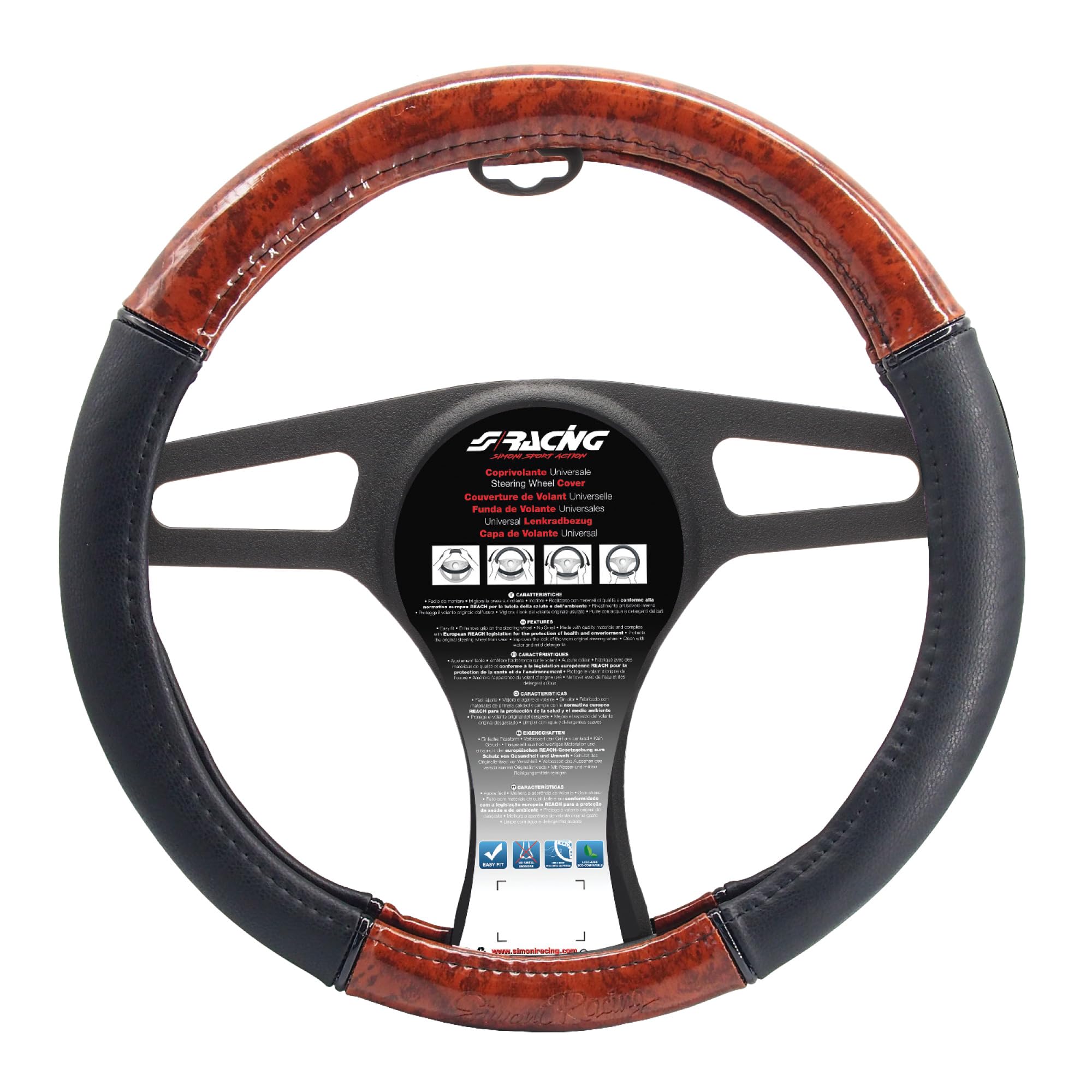 Simoni Racing CVT/78 Universal Steering Wheel Cover Diameter 37-39 cm PU Leather with Wood Effect