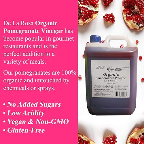 Miniatura 4 de Vinagre de granada orgánico De La Rosa, puro y sin filtrar, vegano, sin gluten y kosher, ideal para aderezos de ensaladas, adobos, vinagre de