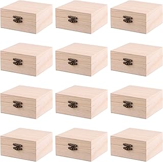 FUNSUEI 12 PCS 3.94 x 3.94 x 1.97 Inch Unfinished Wooden Jewelry Box, Small Unfinished Wood Box, Natural Small Wooden Boxes for Crafts, Wood Box with Hinged Lid for DIY, Storage, Gift