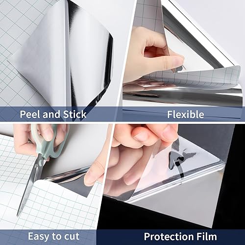 Miniatura 6 de WESTICK Adhesivos de pared de espejo, papel tapiz de espejo sin vidrio, papel de contacto plateado flexible para paredes, salpicaderos, armarios,