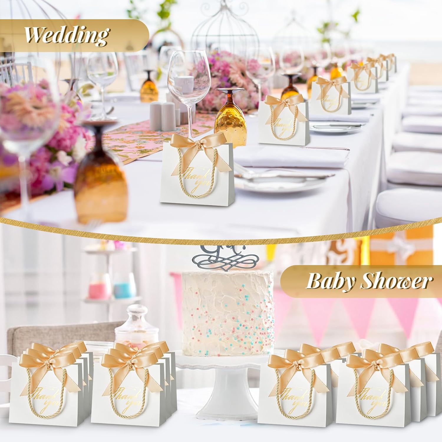 Mauproy 20 Pack Small Thank You Gift Bags with Handles, 5.5''x 2.5''x 4.7'' Mini Paper Gift Bags with Ribbons Party Favor Bags for Valentine's Day Wedding Baby Shower Bridal Shower (White) - Image 6