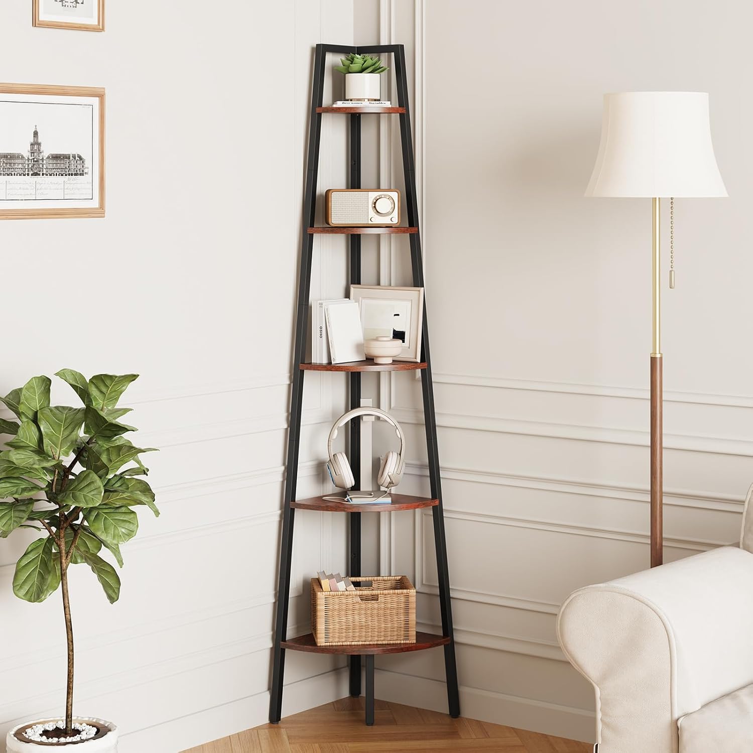 Yoobure 5-Tier Corner Bookshelf with Metal Frame & Wood Ladder Shelves - Stable Tall Display Shelf, Plant Stand for Bedroom, Living Room, Office