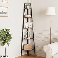Yoobure 5-Tier Corner Bookshelf with Metal Frame & Wood Ladder Shelves - Stable Tall Display Shelf, Plant Stand for Bedroom, Living Room, Office