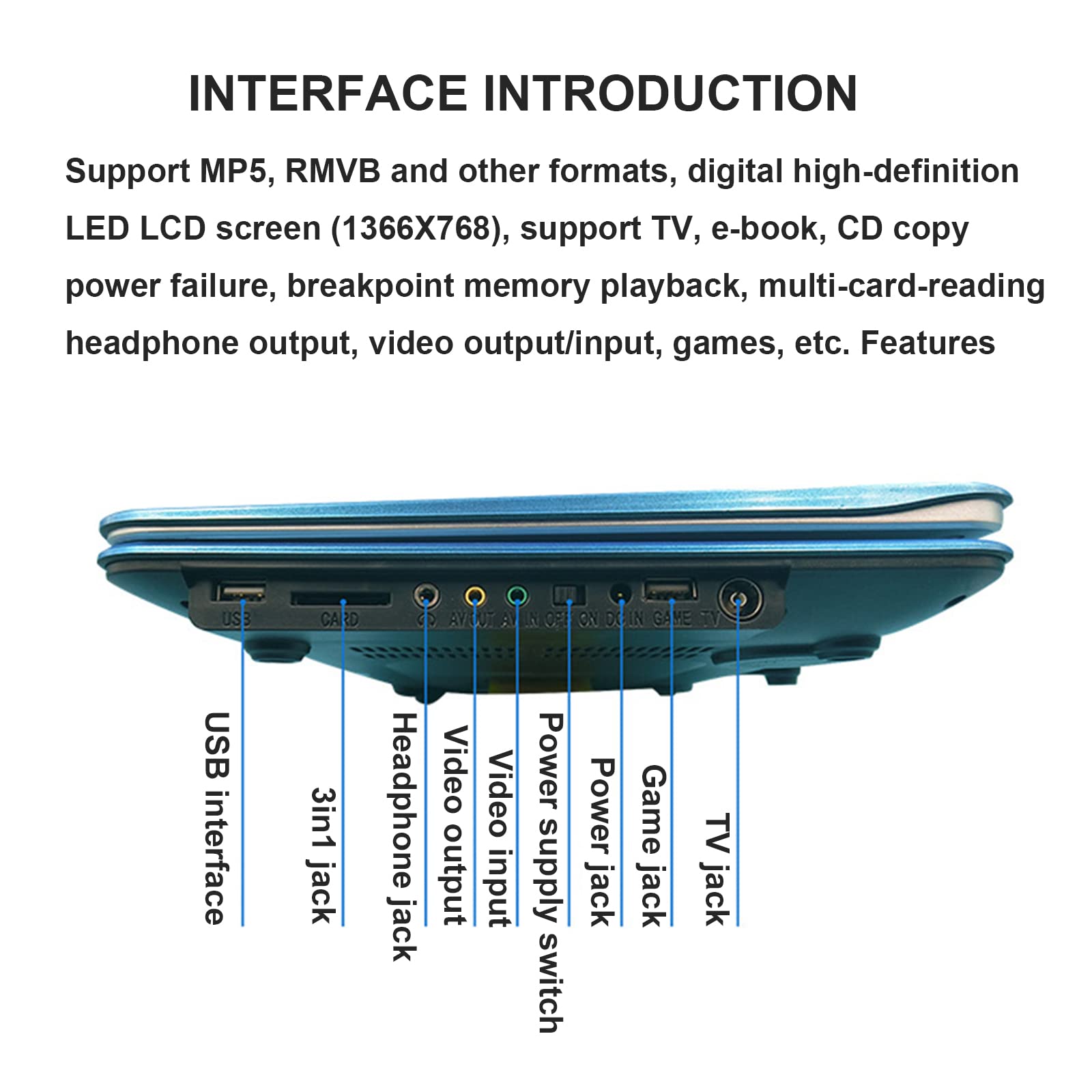Lecteur DVD 3D Portable - Écran 14,1" avec 1280X800 Pixels - Batterie intégrée - Entrée USB - AV-entrée Sortie