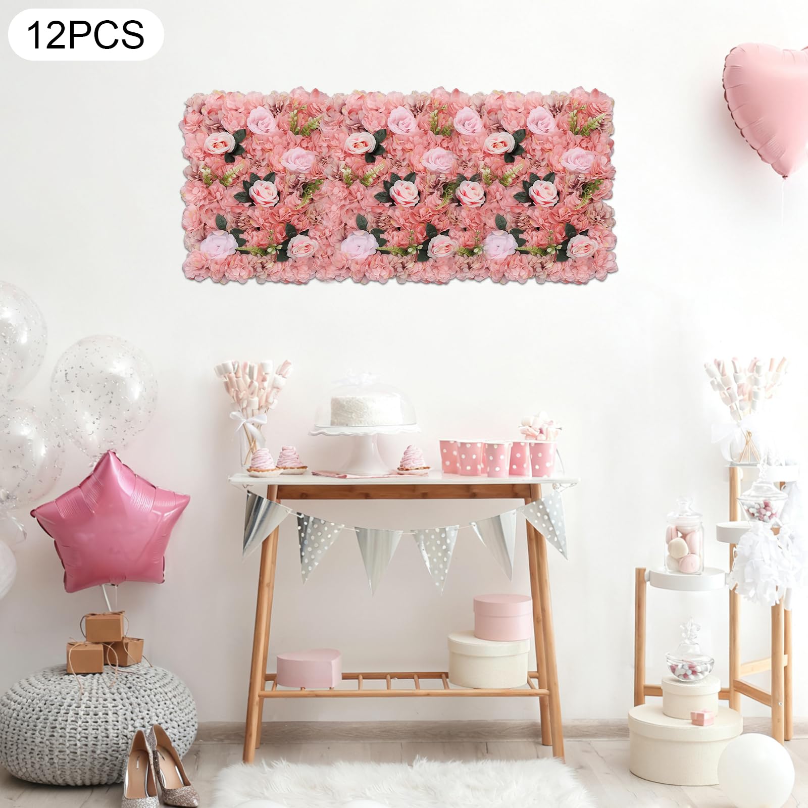 12 Stück Künstliche Hochzeit Blumenwand, Seide Künstliche Blume Wandpaneel für Hochzeit Party Deko DIY Hintergrund Rosa (A)