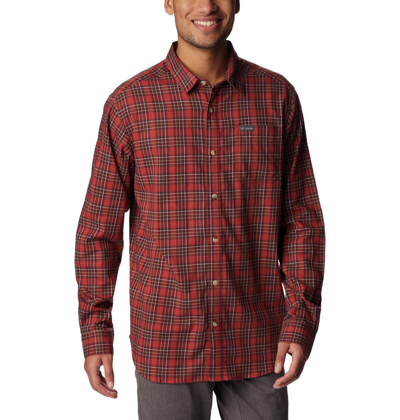 Columbia Mens Vapor Ridge Iii Long Sleeve ShirtHiking Shirt Medium Warp Red Plaid Gradient