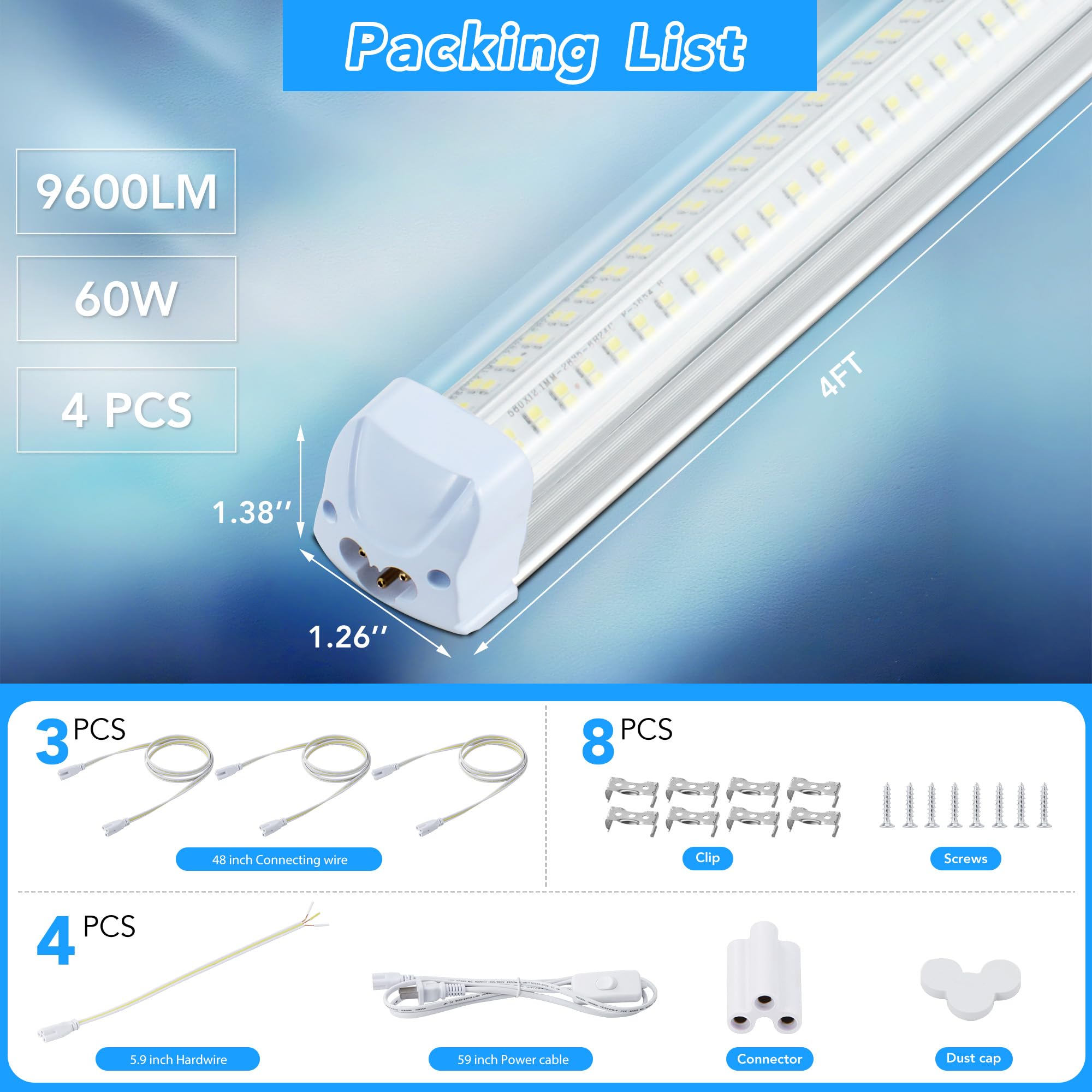 T8 LED Shop Lights 4 Pack Garage Light 4FT 60W 9600LM 6500K Work Lights Ceiling LED Linkable Lighting — view 5