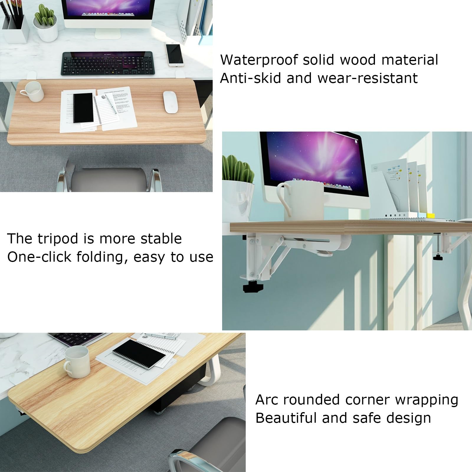 Ergonomiczne składane podparcie biurka pod klawiaturą i myszką 90°, drewniane przedłużenie biurka do pracy i gier, rozmiary 55/65/75 x 25 cm, oszczędność miejsca rozwiązanie biurowe
