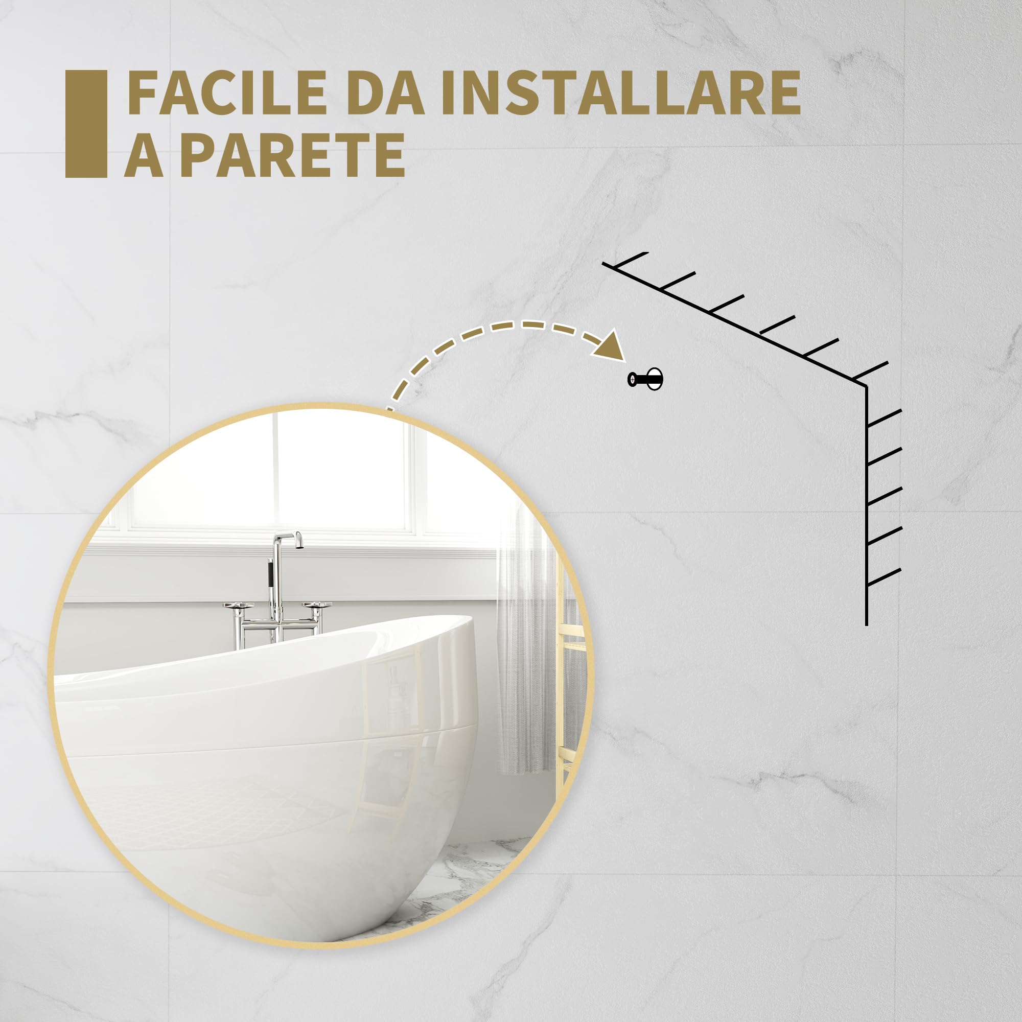 HOMCOM Specchio Bagno Rotondo Ø70cm in Vetro, Specchio da Parete Moderno con Cornice in Metallo, con Superficie Antiurto, per Camera da Letto, Ingresso, Soggiorno, Oro