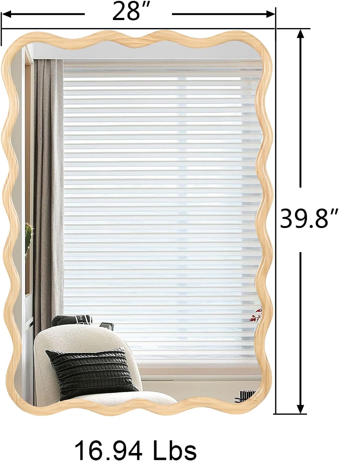 Wall Mounted Modern Decorative Mirror, Wavy Mirror, Rectangle Wooden Frame, Clear Hd Glass for Cloakroom Bedroom, Bathroom, Living Room (Natural, 40" x 28")