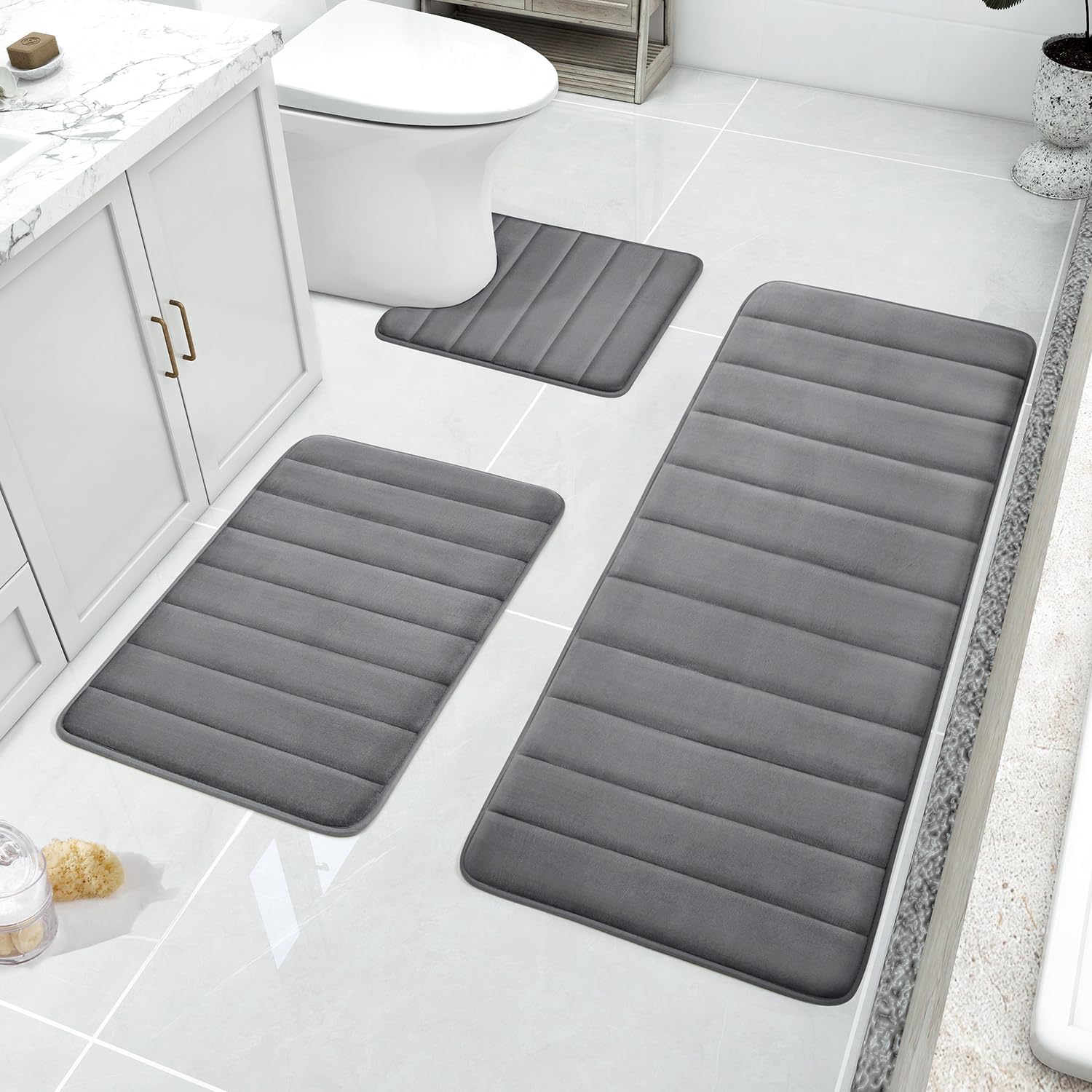 BYSURE Dark Grey Memory Foam Bath Mats, Non Slip Extra Soft Absorbent Machine WashableToilet Bathroom Rug Set 3 Piece (20"x32"+24"x44"+U Shape 20"x24")