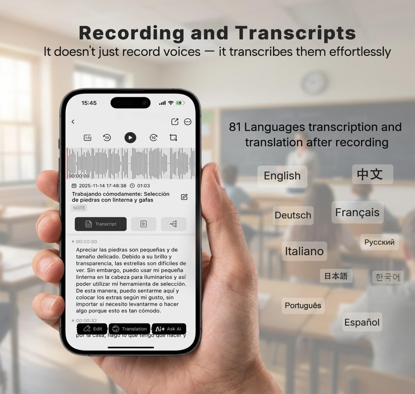 Grabadora de Voz IA 64 GB - Transcripción IA, Resumen y traducción (81 Idiomas), Control por App, Grabación de Audio para Clases, Reuniones y Entrevistas