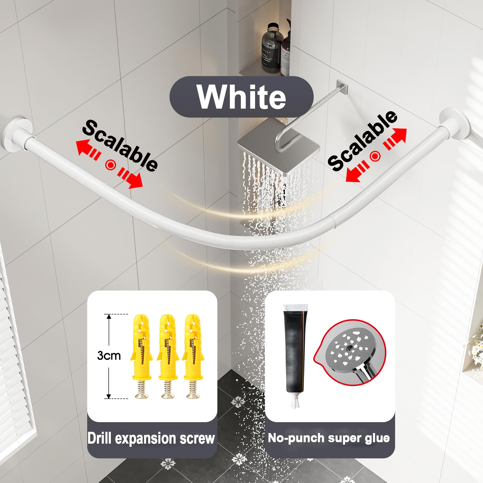 Tringle à Rideau De Douche En Forme De L, Barre Rideau Sans Perçage, Barre De Douche TéLescopique RéGlable 304 Acier Inoxydable Antirouille, Pour Les Vestiair(Size:B 70-95cm x 90-130cm,Color:blanc)