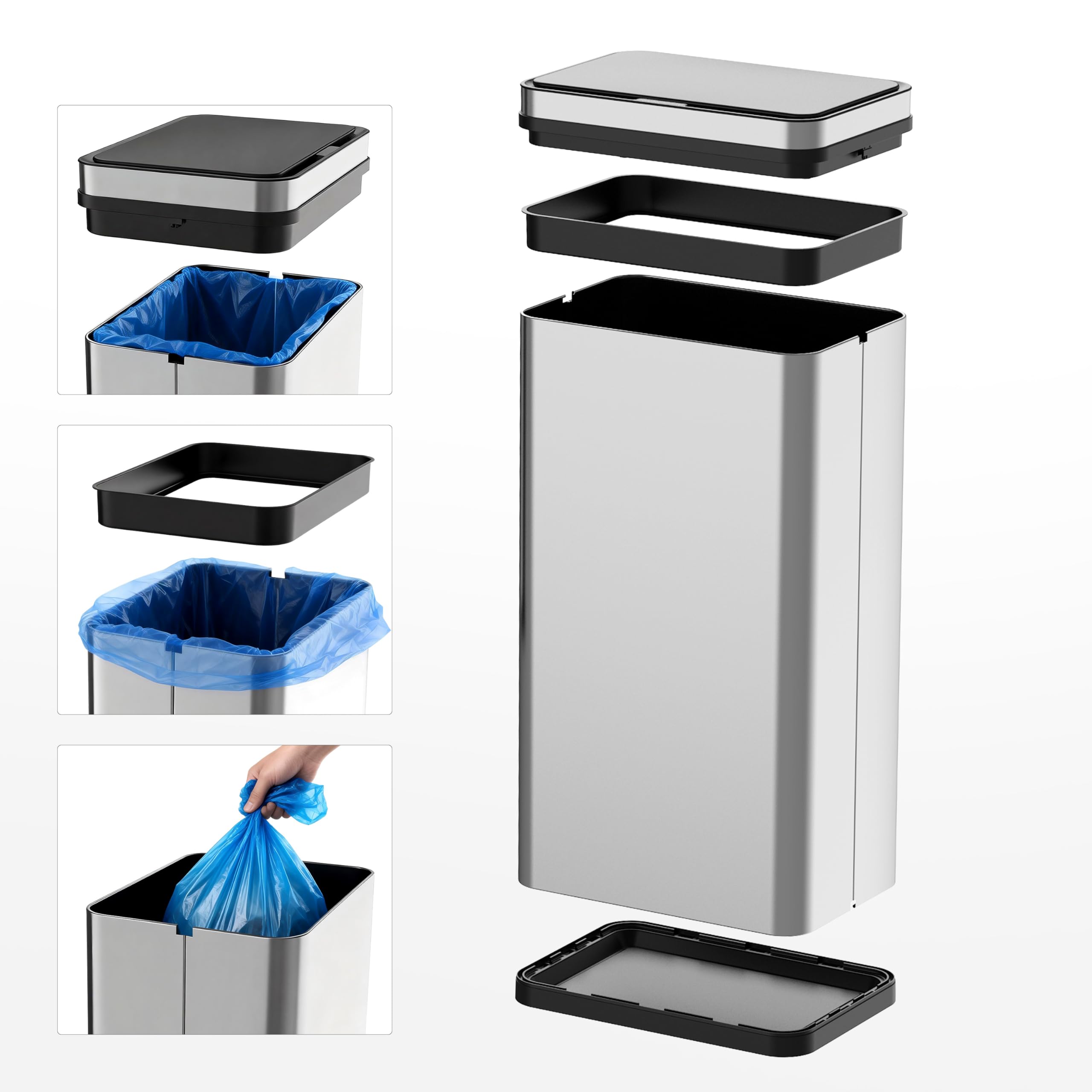 Ribelli Edelstahl Mülleimer 70 Liter - Abfalleimer mit Sensor - Automatisches Öffnen und Schließen - Küchenmülleimer mit LED-Funktionsanzeige, Silber