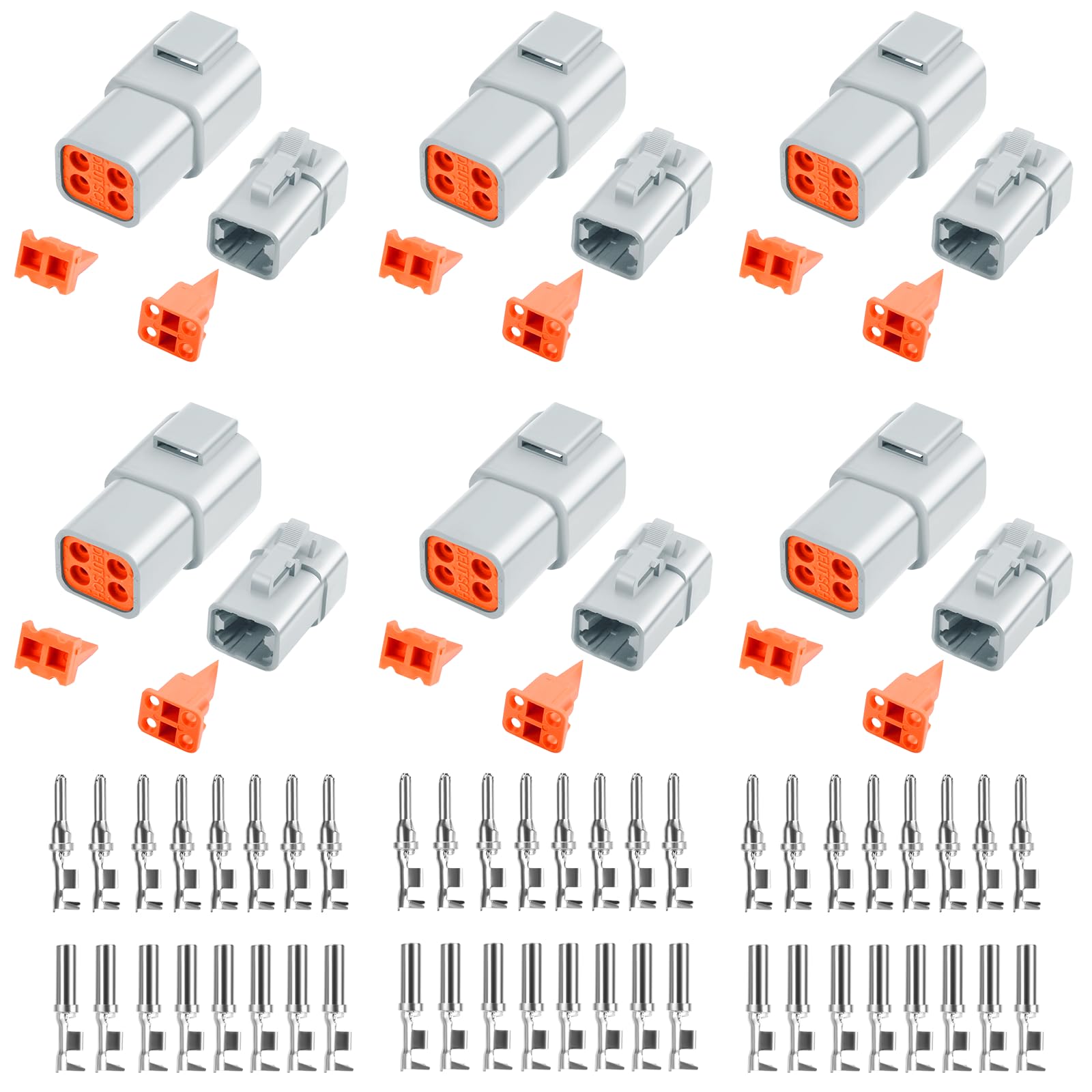 72 PCS Deutsch DTP Connector Kit 4 Pin Automotive Waterproof Connectors 6 sets with Size 12 Stamped Contacts Gauge 14-12 AWG Wire Size,25A