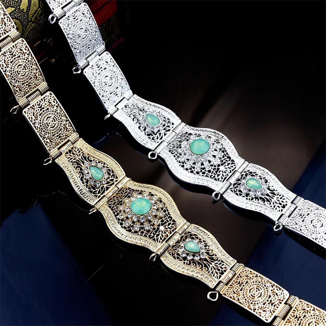 Crystal - Cinturón para mujer, diseño marroquí, caftán, cadena de cintura, chapado en oro y plata, longitud ajustable