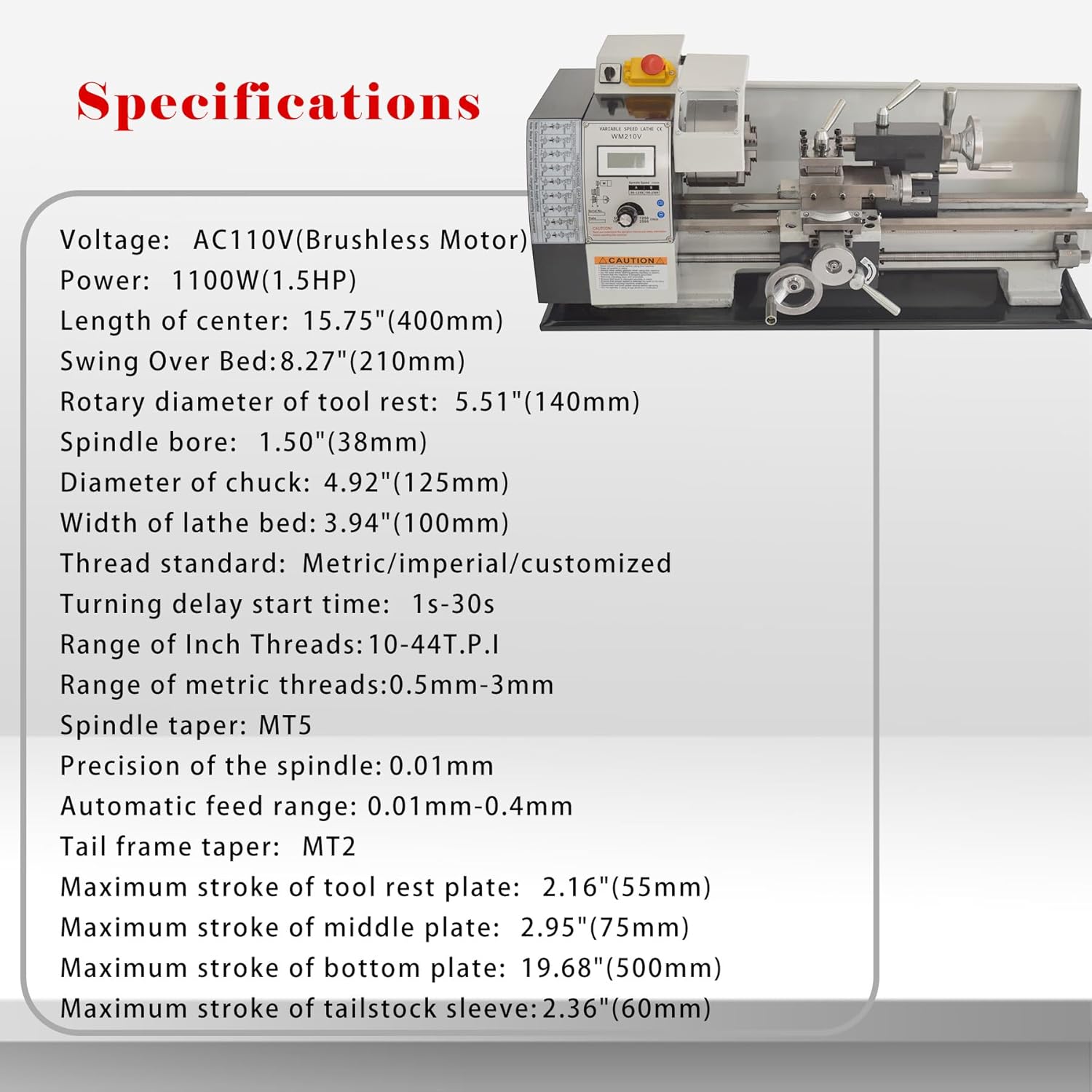 Metal Bench Lathe Benchtop Mini Metal Lathe 8"*16" Electronic Gear Lathe Auto Switch Between Metric and Imperial for Woodworking Metalworking Variable Speed 50-2500rmp 110V 1100W