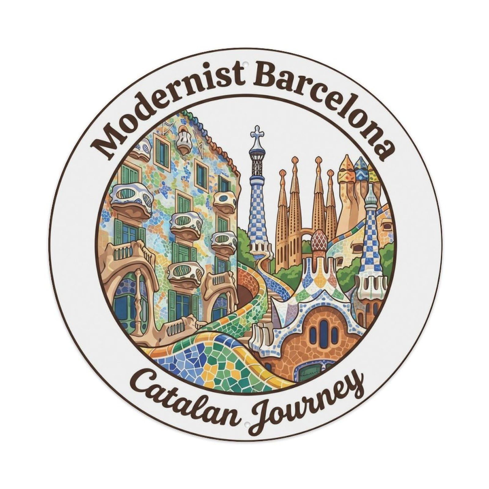 Spanish Barcelona Modernist Catalan Journey Classic Travel Metal Tin Sign Plaque Wall Decor for Cafe, Man Cave, Club Bar, Office, Home Garden Round Metal Poster 8x8Inch