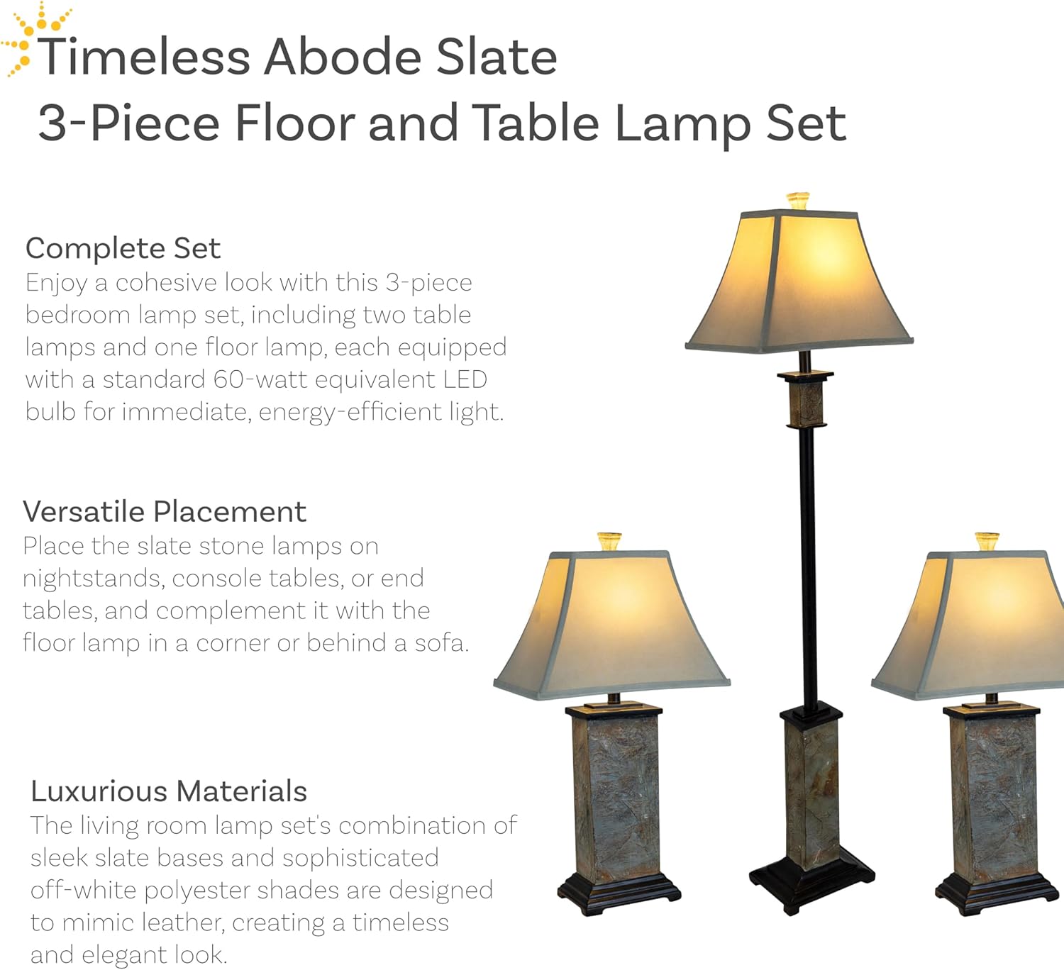 Sunnydaze Timeless Abode Slate 3-Piece Floor and Table Lamp Set - Matching Indoor Stone Lamp Set of 3 - Plug-in Electric - Bulb Included