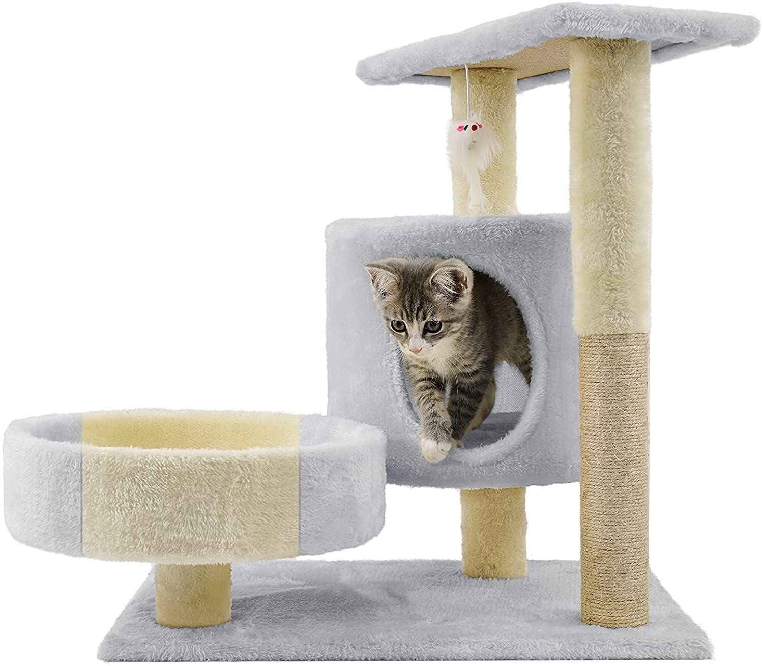 Arbre à chat stable en bois beige pour petit chaton de salon
