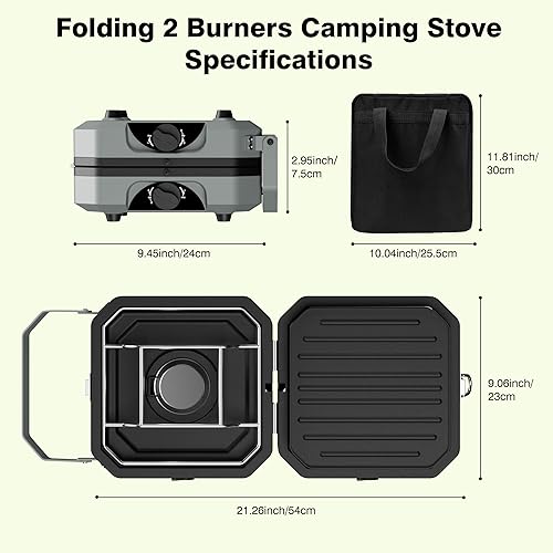 Miniatura 8 de Estufa de campamento de 2 quemadores, portátil, plegable, doble combustible, propano y butano, 15700 BTU con parrilla, 2 quemadores ajustables,