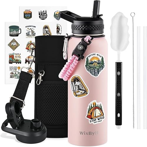 Miniatura 59 de Botella de agua aislada de 20 onzas con popote (fría durante 48 horas), jarra de agua deportiva de acero inoxidable con triple pared al vacío, termo